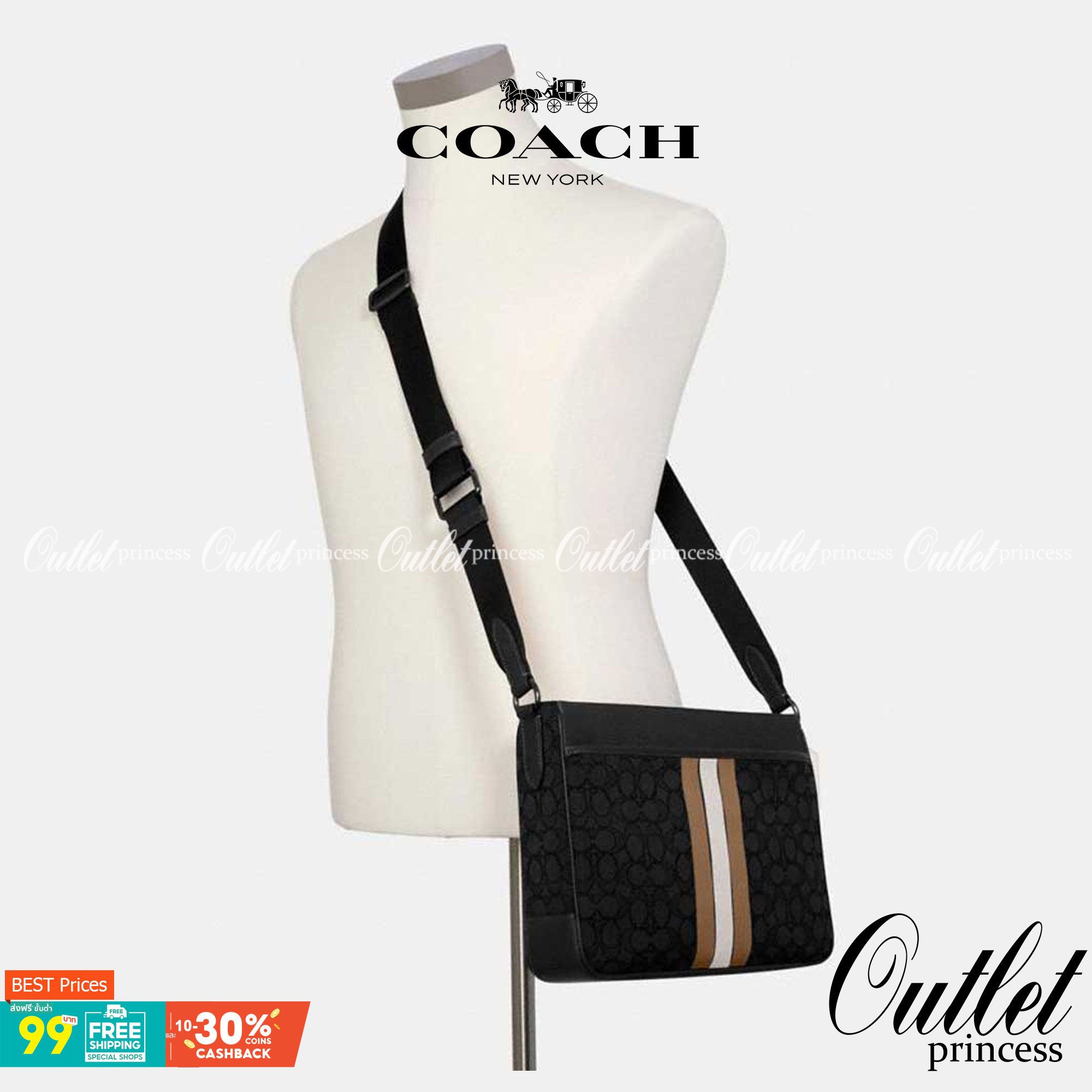 COACH THOMPSON IN SIGNATURE JACQUARD WITH VARSITY STRIPE BAG ((C5291)) พร้อมส่งที่ไทยค่ะ! กระเป๋าใส่เอกสารอเนกประสงค์ สามารถใส่A4ได้ วัสดุJacquardทอลายแบรนด์ ตัดขอบหนังแท้สวยงาม น้ำหนักบาค่ะ ด้านหน้าตัดแทบสีลงมาสวยงาม ช่องหลักเปิดปิดแบบซิป ภายในกว้างใส่สั