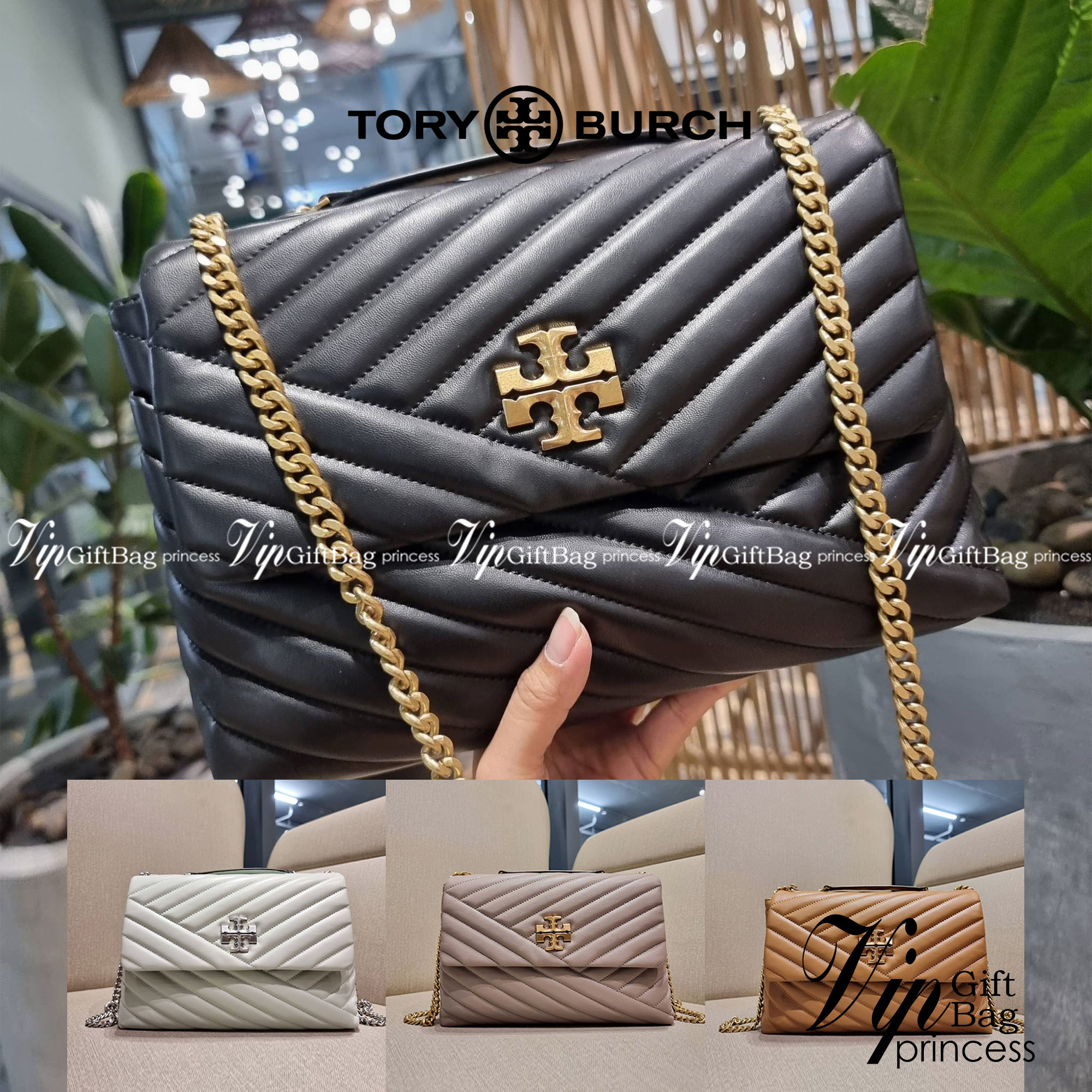 TORY BURCH KIRA CHEVRON CONVERTIBLE SHOULDER BAG กระเป๋าสะพายรุ่นยอดฮิต ไซส์ใหญ่จัดเต็มให้เน้นๆ ใช้ยังไงก็ดูหรู ดีไซน์เฉพาะตัว วัสดุหนังแกะ สัมผัสนิ่ม เปิด-ปิดด้วยกระดุมแม่เหล็ก ภายในเป็นช่องโล่ง แบ่งสัดส่วนไว้ดีมากๆ ใส่กระเป๋าสตางค์ มือถือ เครื่องสำอางค์