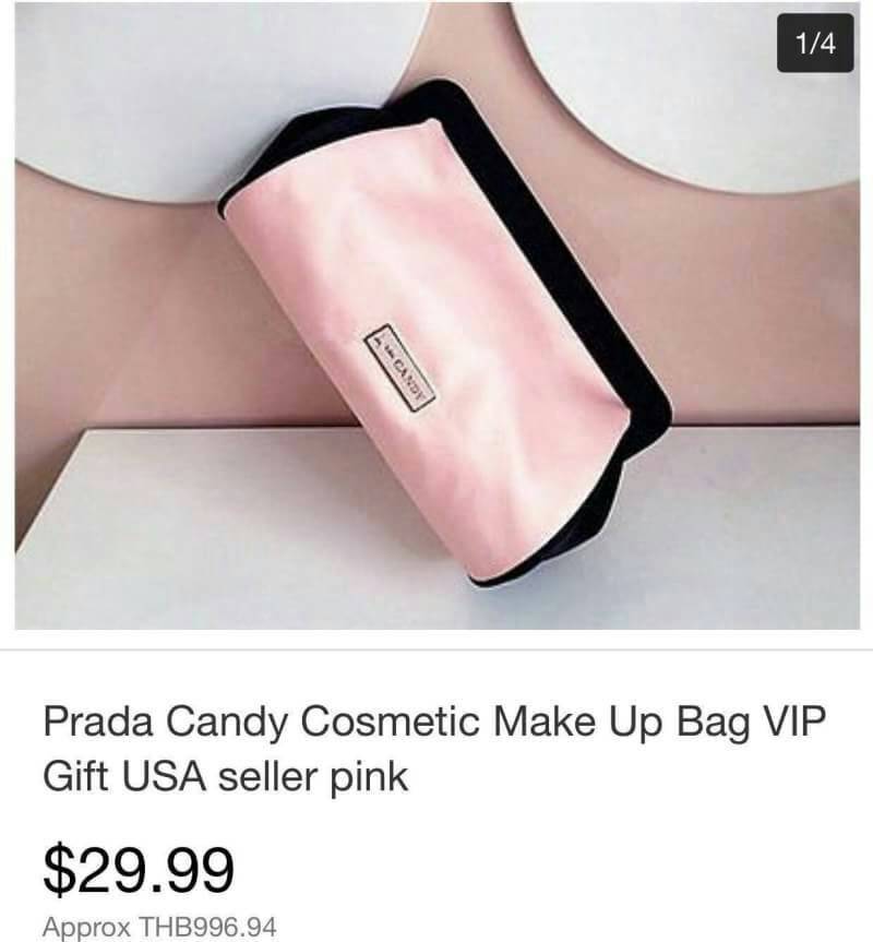 PRADA CANDY COSMETIC BAG GIFT WITH PURCHASE (GWP) จากเคาน์เตอร์ต่างประเทศรุ่น Limited Satin Material ทรง cluth ขนาดกำลังน่ารัก ด้านหน้ามีโลโก้ brand เปิดปิดด้วยแถบเเม่เหล็กซ่อนที่ปากกระเป๋า ซับใน Polyester มีช่องแบ่งสามารถใส่เครื่องสำอางค์ เครื่องเขียน เค