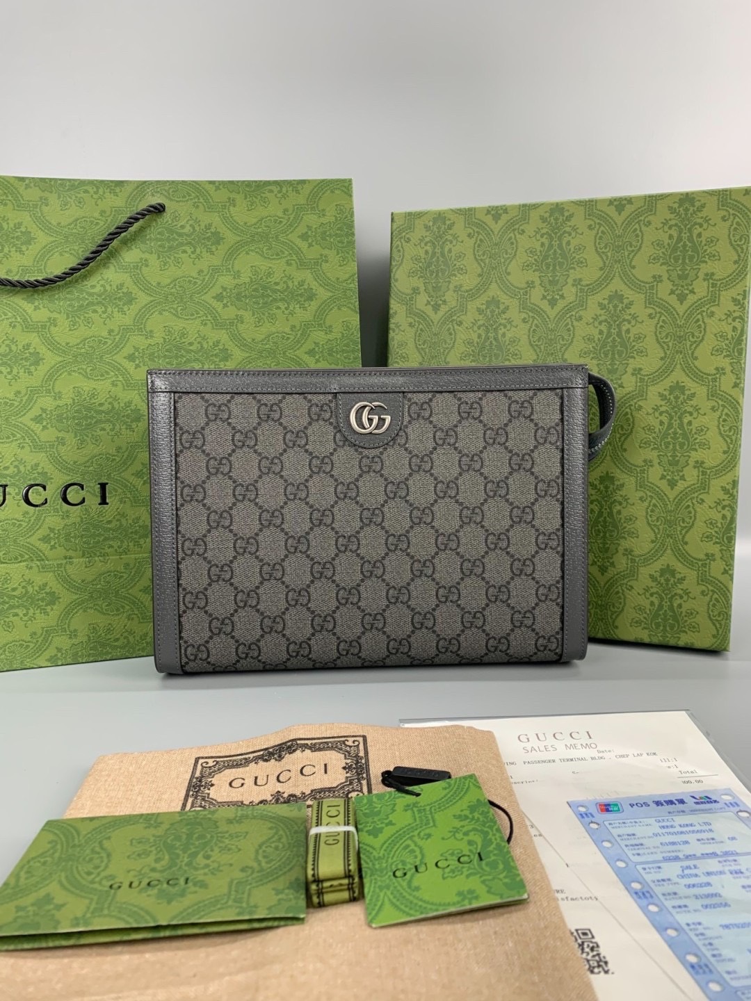 GUCCI OPHIDIA GG POUCH GRAY กระเป๋าถือทรงพอช หนังแท้ผสมแคนวาส เกรดออริจินอล 1:1 สลับแท้ ภาพถ่ายจากงานขายจริง ใช้งานต่างประเทศได้