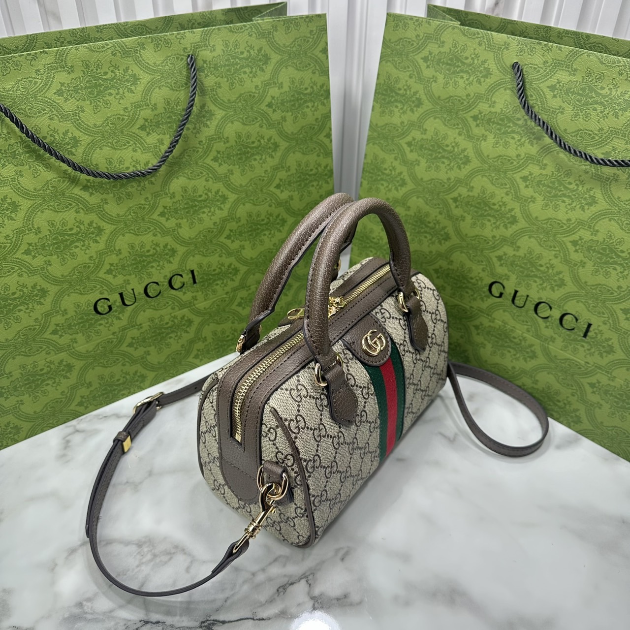 ORI หนังแท้ | Gucci Ophidia boston bag GG Monogram Double G / Gucci Keepall Bag กระเป๋าสะพายทรงหมอนบอสตัน รูปทรงใช้งานง่าย ฟังก์ชั่นการใช้งานที่ได้รับการตีความใหม่