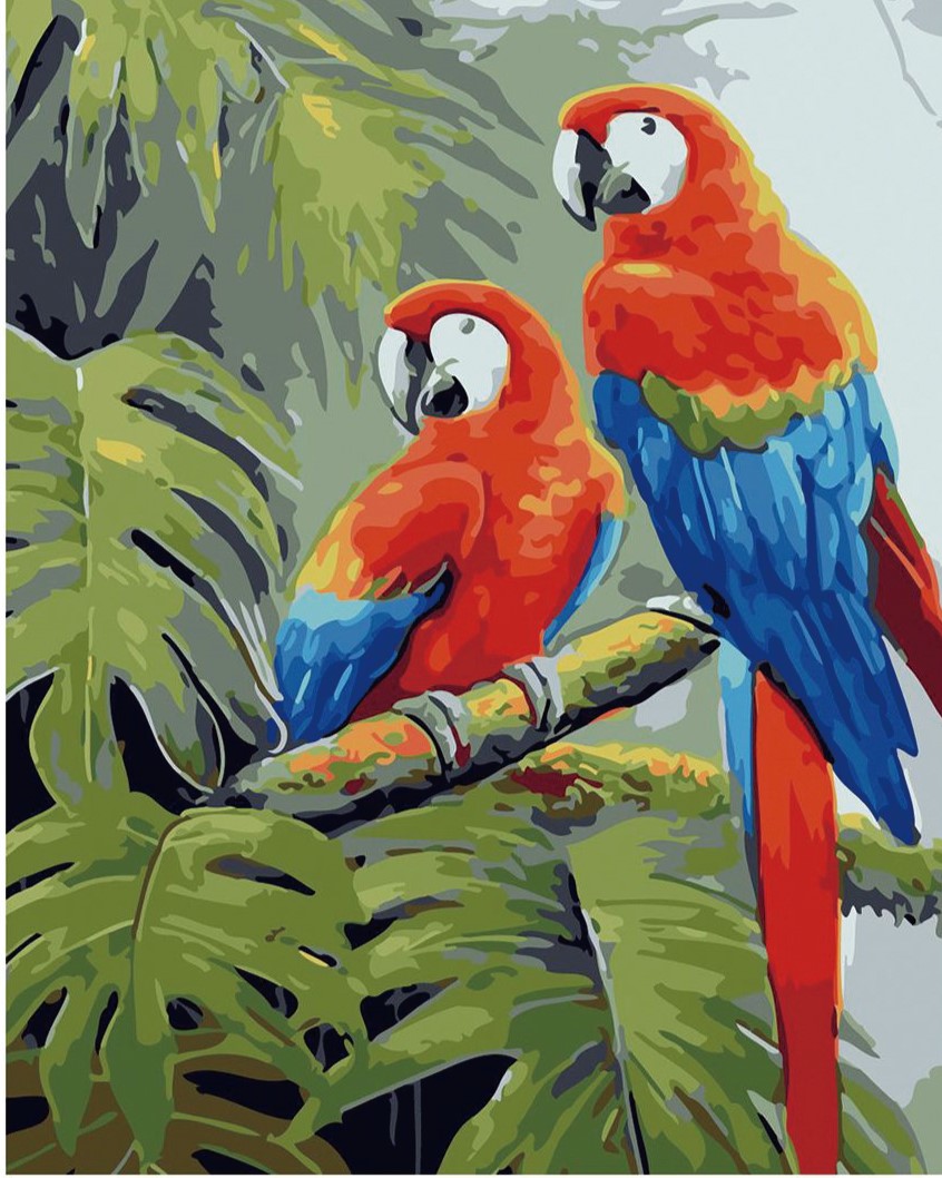 CE4208 ภาพระบายสีตามตัวเลข "คู่นกมาคอว์ในป่า"