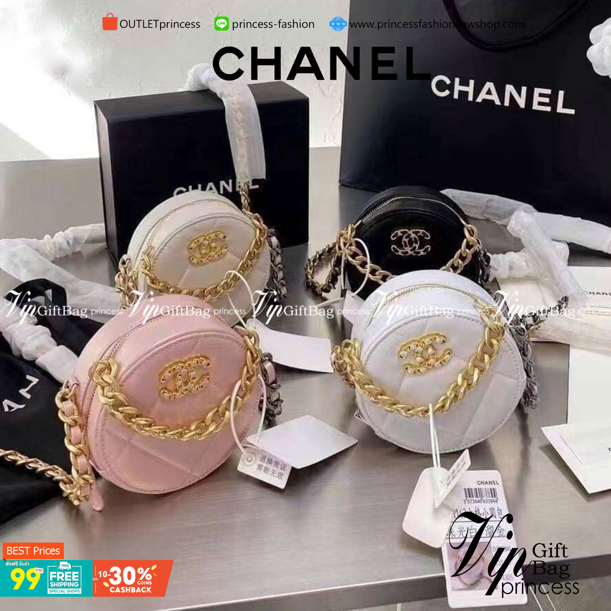 CHANEL Goatskin round quilted rhombic chain crossbody bag กระเป๋าสะพายทรงกลม งานหนังสวยมาก สายโซ่ทองรมควันสลับเงินเพิ่มความหรูหรา เป็นรุ่นตามหาที่ลูกค้าสอบถามเข้ามาเยอะมาก สินค้าเข้าแล้วน้า พร้อมส่งความสวยแล้วค่าา พร้อมส่ง 4 สี ดำ ขาว เบจ ชมพู