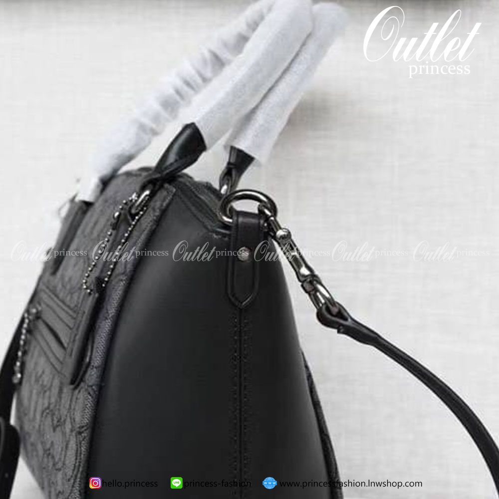 Coach Elise Satchel In Signature Canvas Product Details Signature coated canvas and refined calf leather Inside zip and snap pockets Zip-top closure, fabric lining Handles with 4 1/2" drop Outside zip pocket