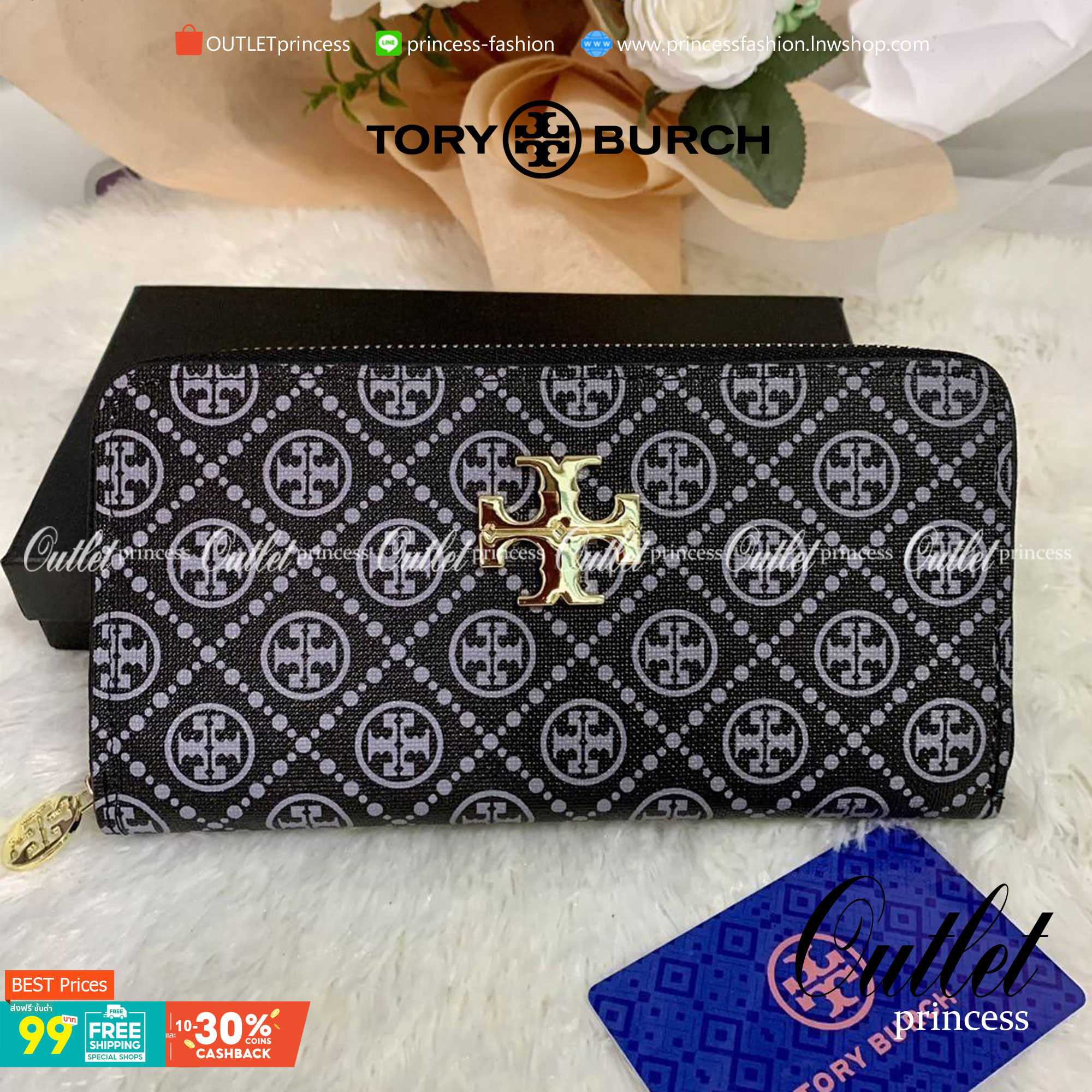 กระเป๋าสตางค์ใบยาว TORY BURCH : Monogram Pattern วัสดุหนังแกะสังเคราะห์ลงเคลือบเพิ่มความเงาอีกชั้น อะไหล่สีทอง **แบบซิปรอบ เปิด - ปิด กระเป๋าด้วยซิปรอบ ด้านในแบ่งออกเป็น 3 Patation ตรงกลางเป็นซิปยาว มีช่องใส่บัตรได้ 8 ใบ หนังเงาสวย จับถนัดมือ พร้อมส่งให้ส