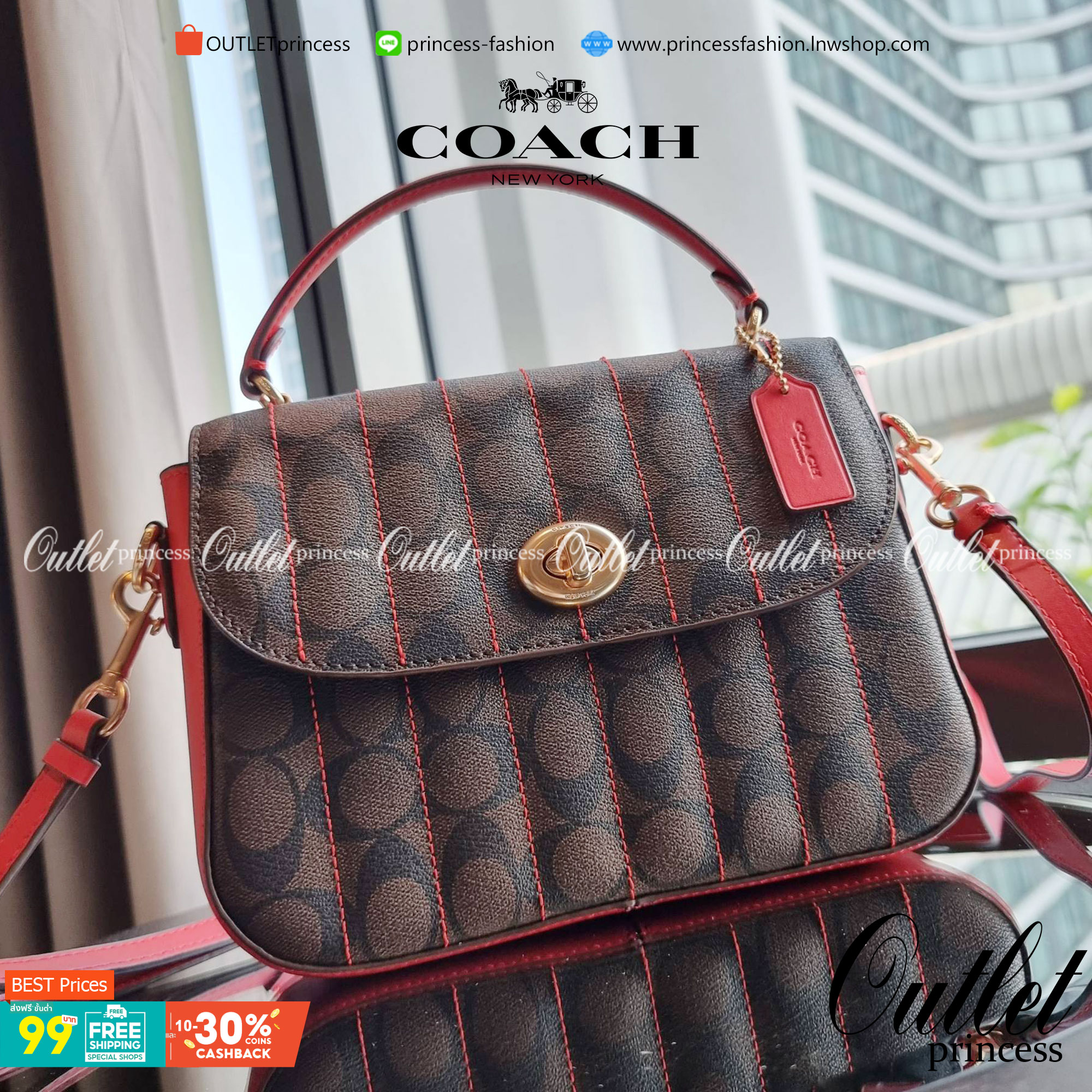 OUTLET 】COACH C5645 MARLIE TOP HANDLE SATCHEL IN SIGNATURE CANVAS WITH QUILTING ดีไซน์ใหม่ กระเป๋าถือ/สะพายข้าง ออกแบบมาไม่เหมือนใคร โดดเด่นด้วยการเย็บบุหนัง โชว์ดีเทลลายเส้น ตกแต่งโลโก้ด้านข้างอะไหล่ทอง วัสดุหนังแคนวาสสลับหนังแท้ เปิด-ปิดด้วยตัวล็อคแน่นห