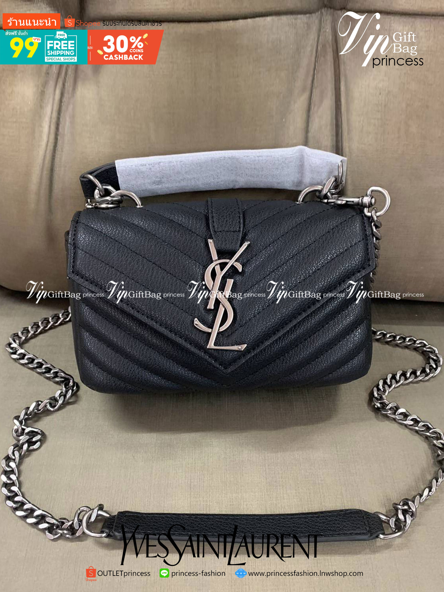 VIP 】SAINT LAURENT CLASSIC BABY COLLEGE MONOGRAM CHAIN BAG IN BLACK MATELASSE LEATHER VIP GIFT WITH PURCHASE (GWP) พรีเมี่ยมกิ้ฟ Limited Edition จาก YSL DUTY FREE COUNTER กระเป๋าสะพายรูปทรงน่ารัก ดีไซต์มาใหม่สำหรับสาวก SAINT LAURENT มีหูจับเกร๋ๆ ที่ด้านบน
