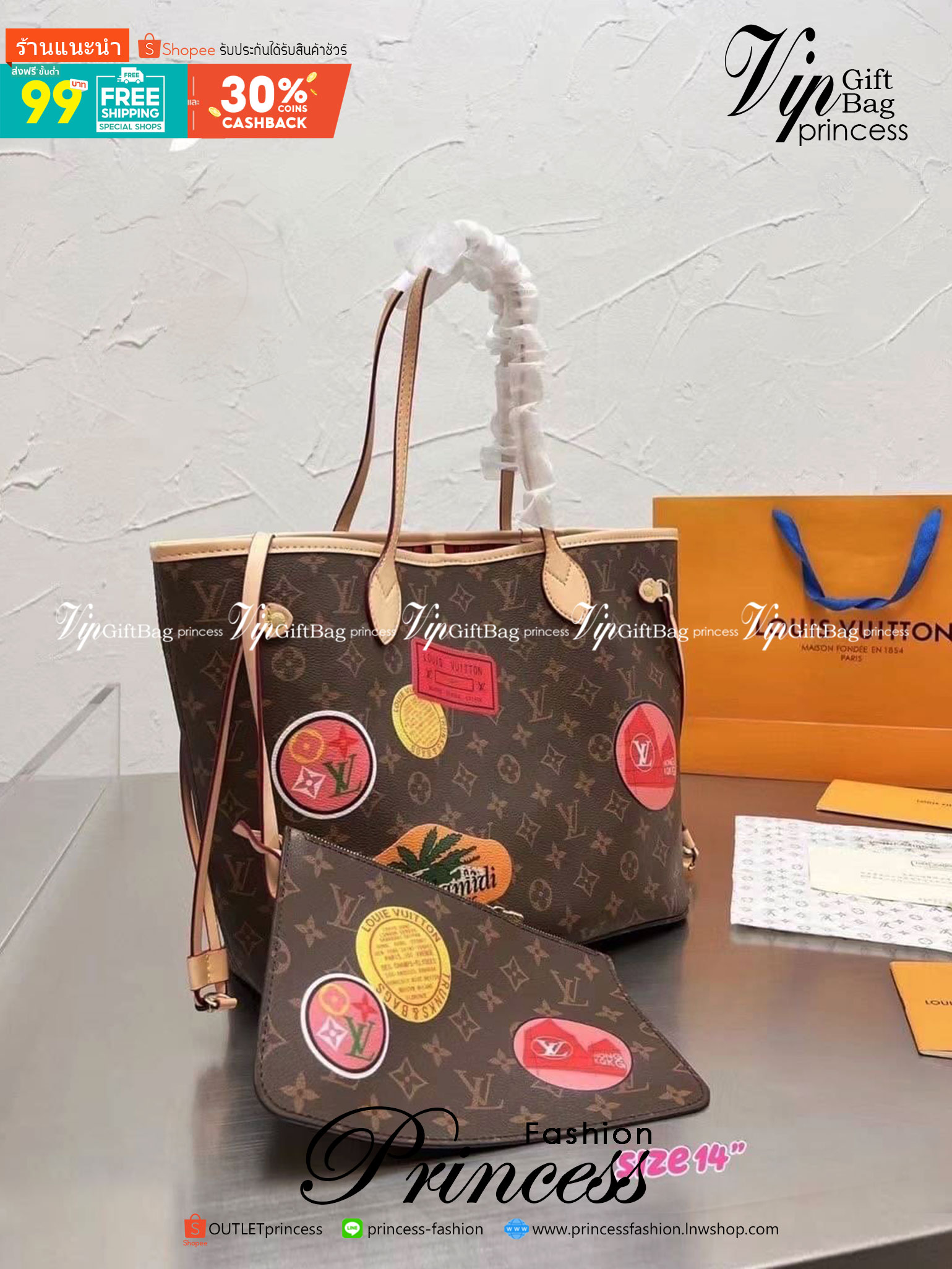 LV Neverfull Monogram Bag / LV Shopping Bag 14" กระเป๋าสะพายใบใหญ่จุใจ หนังลายโมโนแกรม ทรง tote มาใหม่ มาพร้อมกระเป๋าใบเล็ก งานปั้มแบรนด์ทุกจุด สกรีนลายชัดเจน สีสวย ภาพถ่ายจากงานขายจริง ใช้งานต่างประเทศได้