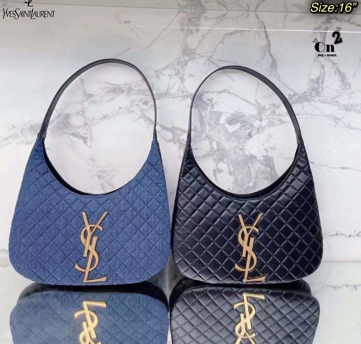 YSL Icare Maxi Shopping Bag In Quilted Lambskin 15" / YSL Icare Maxi Denim กระเป๋าสะพายใบใหญ่ มาพร้อมใบเล็ก หนังบุเย็บลายตาข่าย (Quilted Bag) ดีไซน์โฉบเฉี่ยวกว่าหลายระดับด้วยการประดับฮาร์ดแวร์ทองเหลืองในตัวอักษร Y.S.L สะดุดตา มอบสไตล์เรียบง่ายแต่คลาส