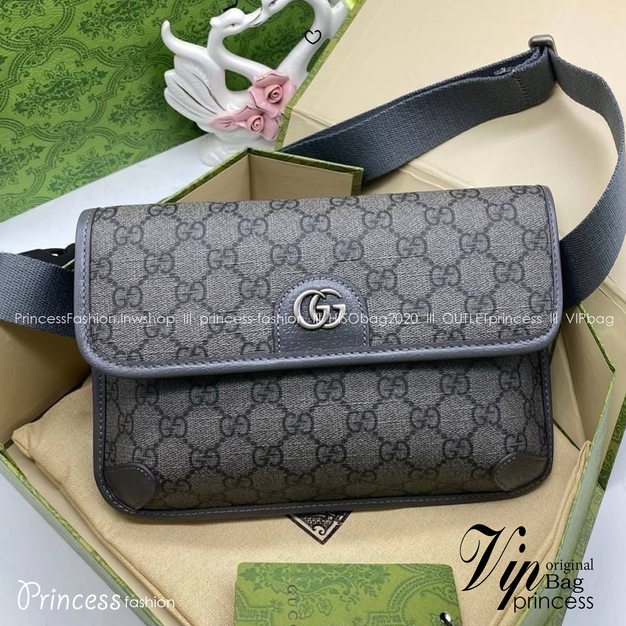 GUCCI OPHIDIA GG SMALL BELT BAG GRAY / Gucci Belt Bag กระเป๋าคาดเอวสีเทา หนังแท้ผสมแคนวาส หล่อ สวย เท่ คูลๆ ควรมีเข้ากับทุกชุด ใช้ได้ตลอดกาล ไม่ตกยุค เกรดออริ 1:1 สลับแท้