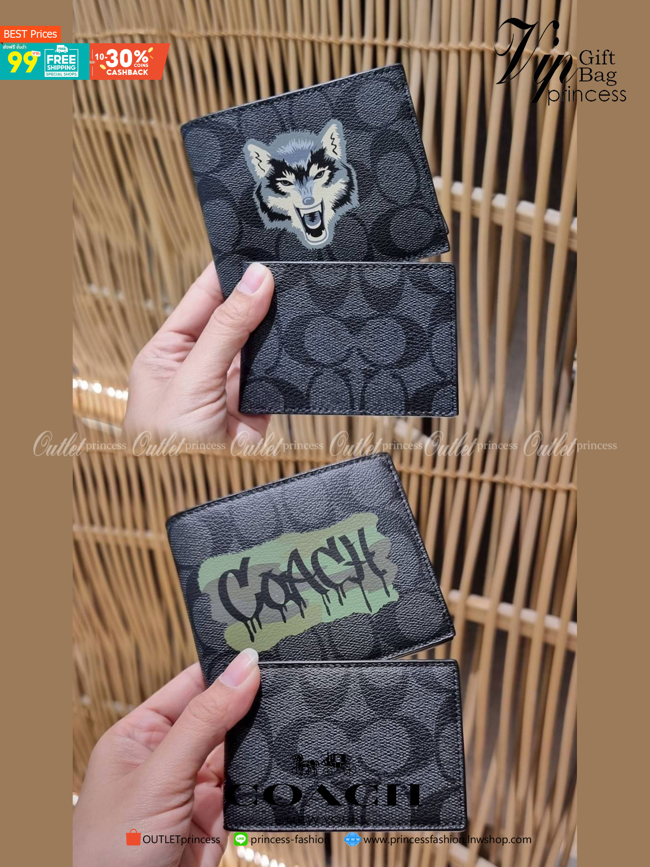 COACH DOUBLE BILLFOLD WALLET IN SIGNATURE CANVAS WITH WOLF MOTIF F31522 WITH GRAFFITI F37333 น้องชายสุดหล่อมาแล้ววว!! 😎 กระเป๋าสตางค์ใบสั้น เอาใจหนุ่มๆ ดีไซน์รูปหมาป่า สุดเท่ ด้านในกระเป๋าเป็นหนังแท้ มีช่องใส่บัตรเยอะ ใส่ธนบัตรได้ทุกชนิด และมี kee