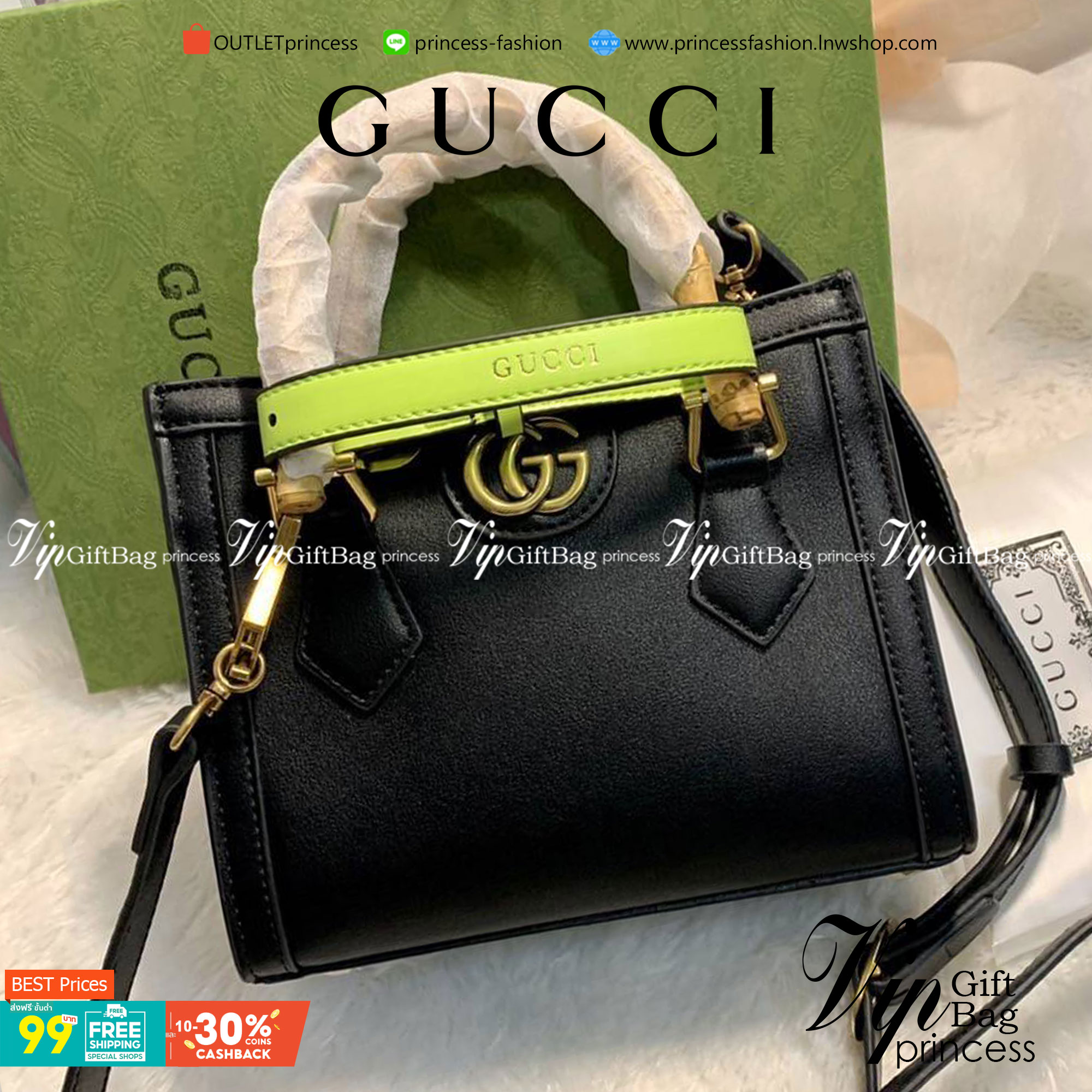 กระเป๋า GUCCI สไตล์งานหูไม้ไผ่ Size mimi รุ่น Gucci Diana Bag กระเป๋าสุดคลาสสิกดีไซน์มาใหม่พร้อมเข็ดขัดหนังสีสะท้อนแสงประดับตรงหูกระเป๋า กระเป๋าทรง tote วัสดุหนังแท้ (calfskin) อะไหล่ทอง ขนาดกำลังดี งานสวยตั้งอยู่ทรง มีสายสะพายยาว 1เส้น สามารถปรับระดับได้