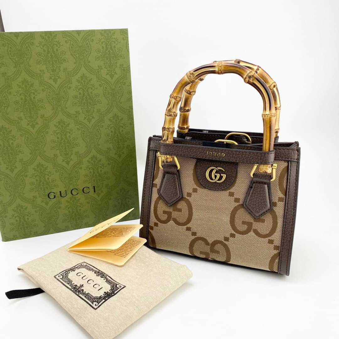 หนังแท้ Gucci Diana jumbo GG tote bag (mini/small) พร้อมส่งที่ไทย Brown Camel and ebony jumbo GG canvas ภาพถ่ายจากสินค้าจริง
