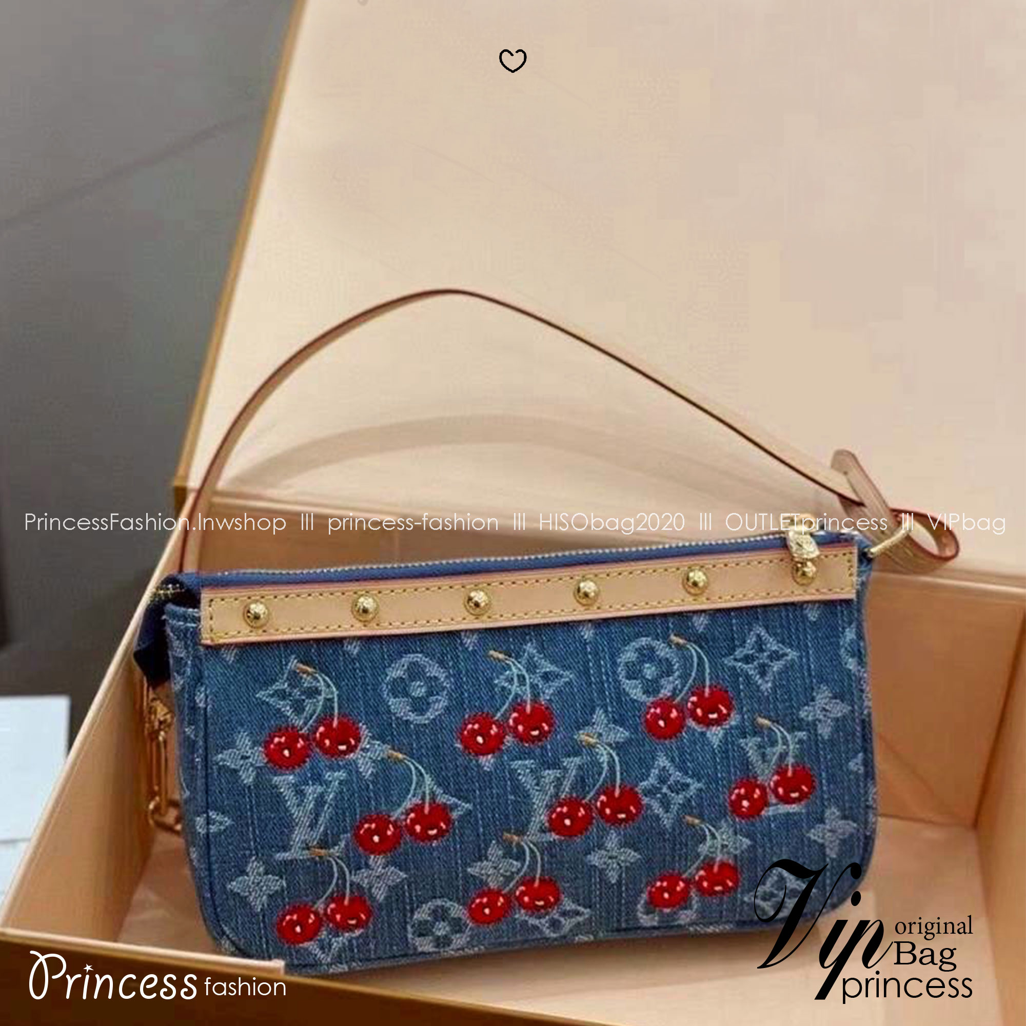 LV x TM Pochette Accessoires bag Monogram cherry denim 20cm กระเป๋าถือทรงพอชดีไซน์สวยอัพลุคไฮน์ ถือหรือคล้องไหล่ได้สวยและโดดเด่นมีชีวิตชีวา ด้วยเดนิมวินเทจปักลายเชอร์รี่สีสันสดใสสะดุดตาสะท้อนสไตล์ไอคอนิก
