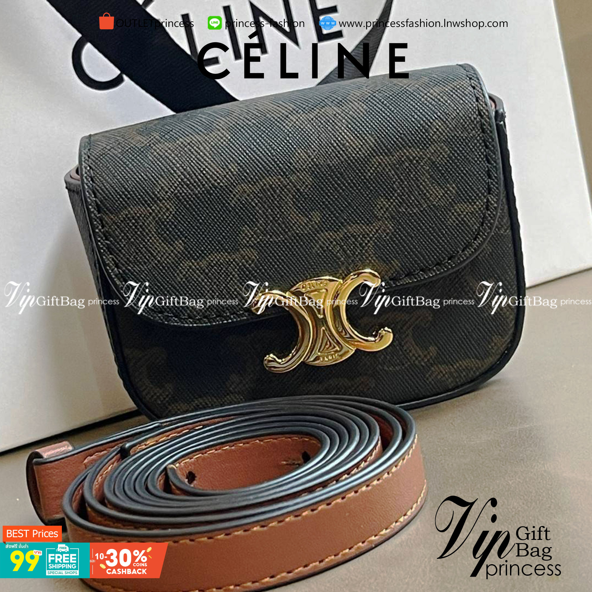 VIP 】CELINE MINI TRIOMPHE IN TRIOMPHE CANVAS กระเป๋ามินิทรงชิค ดีไซน์รูปกล่องสุดแสนมินิมอล สามารถสะพายแบบ Crossbody และยังเป็น Belt Bagได้อีกด้วย วัสดุแคนวาสลาย Triomphe แบบไม่มีตกยุค ด้านหน้าโดดเด่นด้วยโลโก้สีทอง เป็นอีกหนึ่งตัวเลือกให้คุณเลือกสะพายในชีว