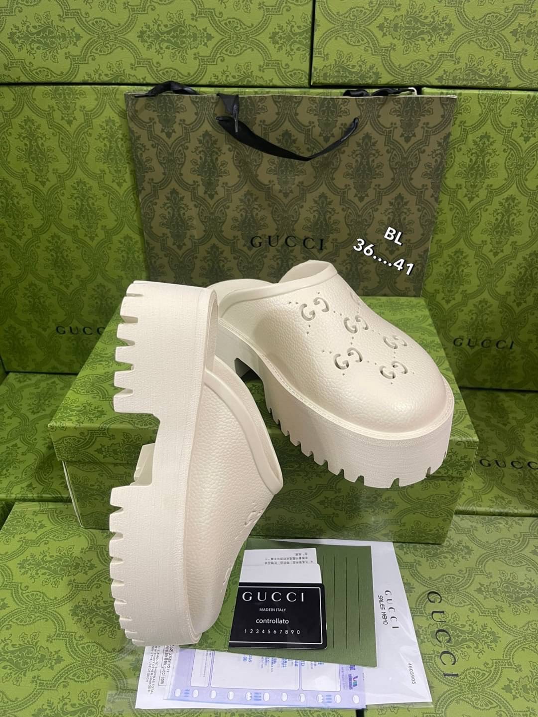 GUCCI platform perforated G sandal / GG Sandel รองเท้า GG เกรดออริจินอล สลับแท้ พร้อมกล่อง ภาพถ่ายจากงานจริง ใช้งานต่างประเทศได้