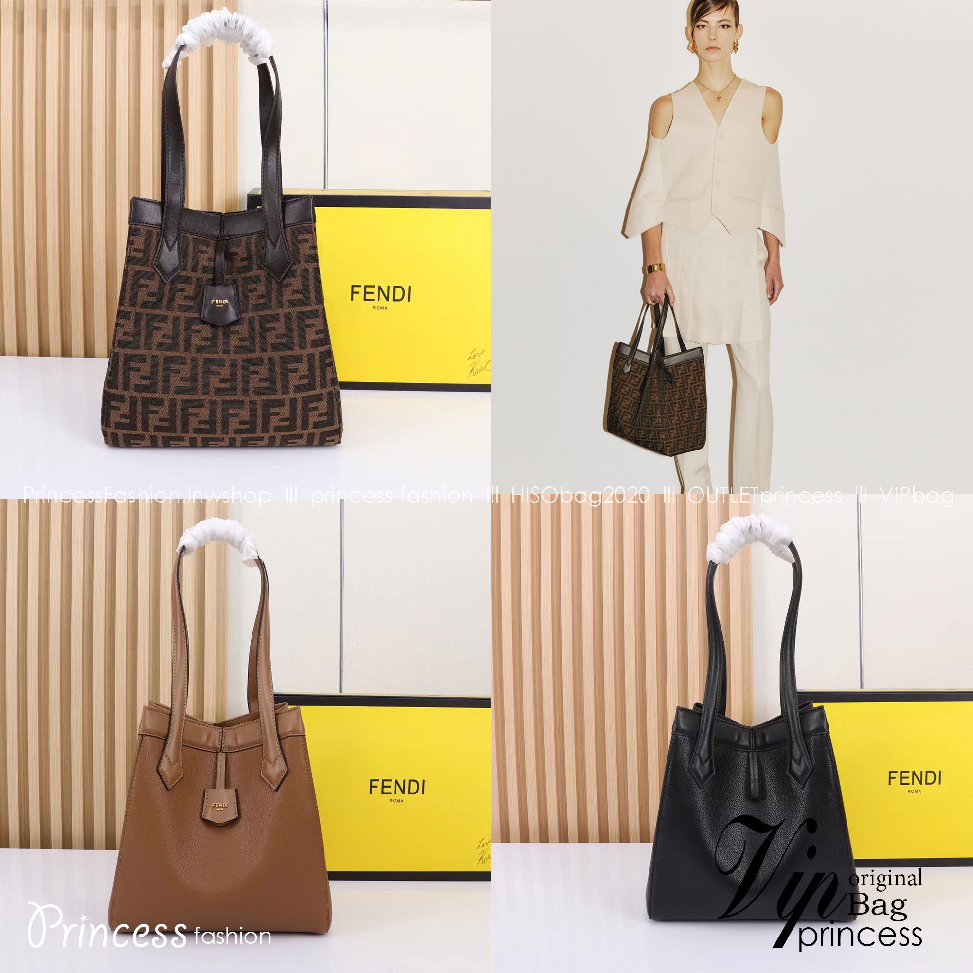 พร้อมส่ง 3 สี FENDI Origami Large Brown FF jacquard fabric bag / FENDI Tote Bag กระเป๋าทรงโท้ทใบใหญ่ สะพายได้2ทรงรูปลักษณ์สวยงามทันสมัย 🧡 เกรดออริจินอล 1:1 สลับแท้