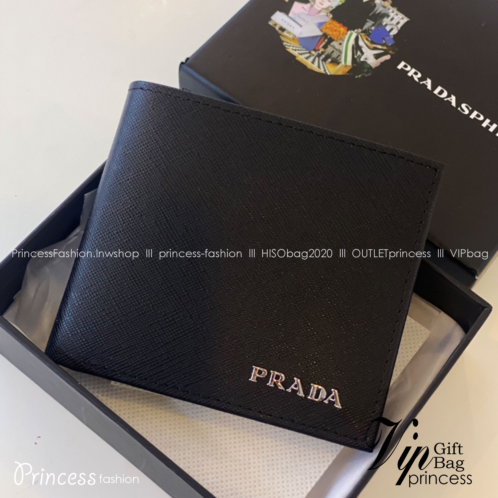 PRADA Short Wallet Men / Prada Leather Wallet - Black เกรดออริจินอล พร้อมส่งที่ไทย พร้อมกล่อง Box Set