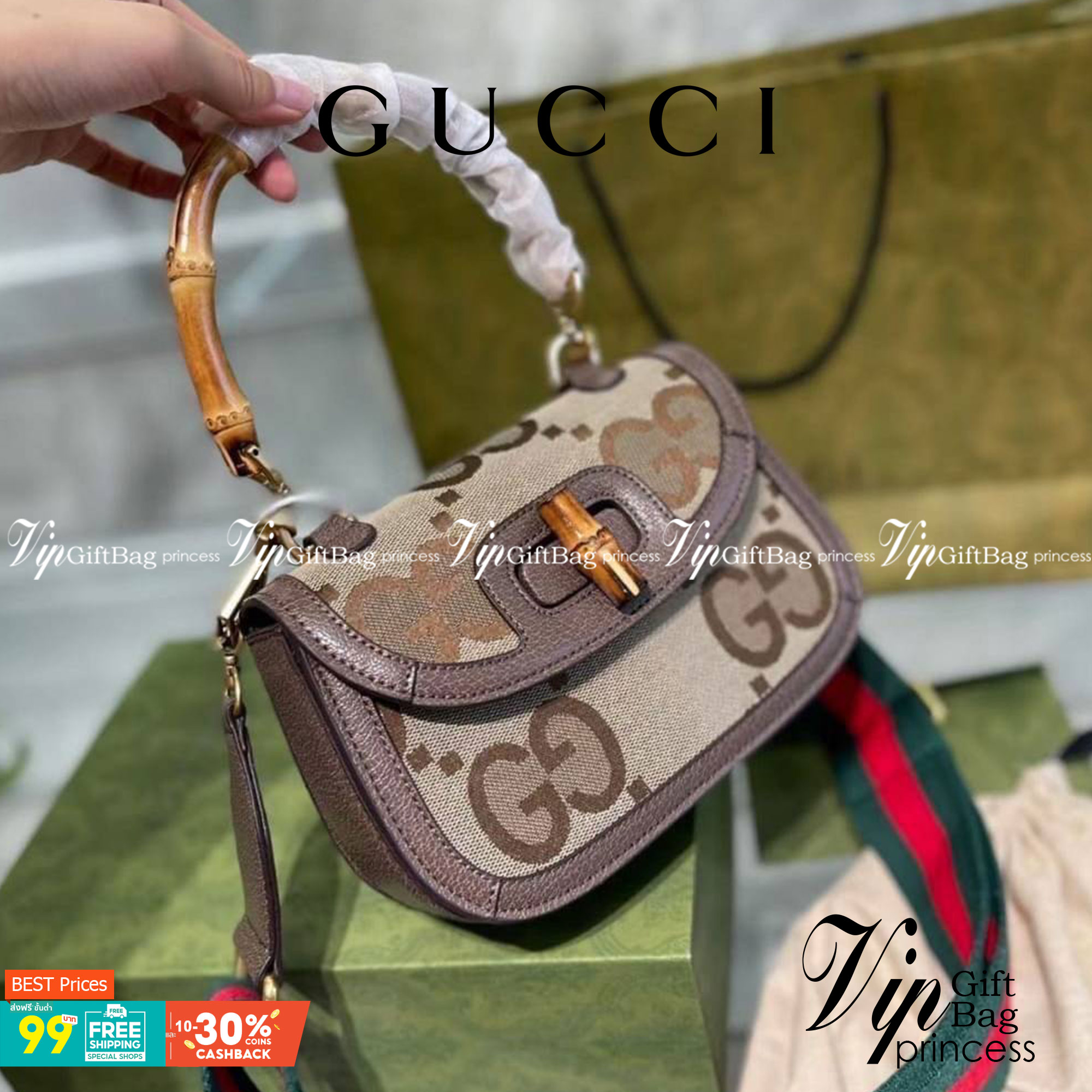 Gucci Bamboo 1947 jumbo GG mini bag พร้อมส่งที่ไทย Camel and ebony jumbo GG canvas