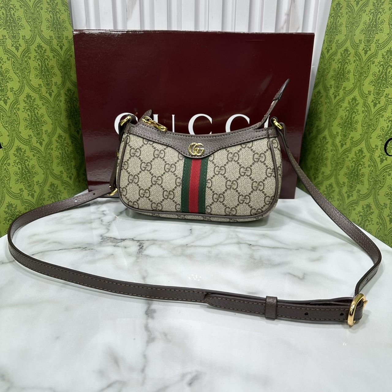 8" ORI หนังแท้ | Gucci Ophidia mini shoulder bag GG Monogram Double G / Gucci Hobo Bag กระเป๋าสะพายทรงโฮโบขนาดมินิ