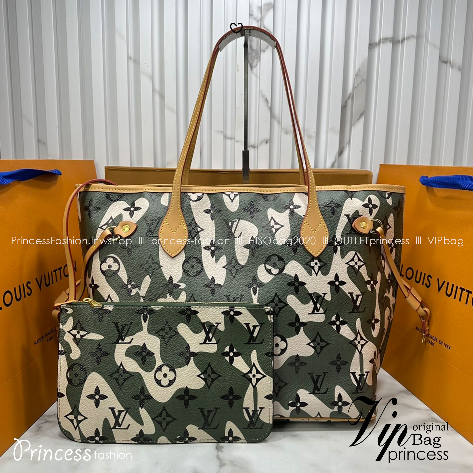 ORI หนังแท้ | LV Neverfull Camouflage Tote Bag กระเป๋าสะพายทรงโท้ทใบใหญ่ โทนเขียวลายใหม่ ภายในโล่งกว้าง จุของได้เยอะ