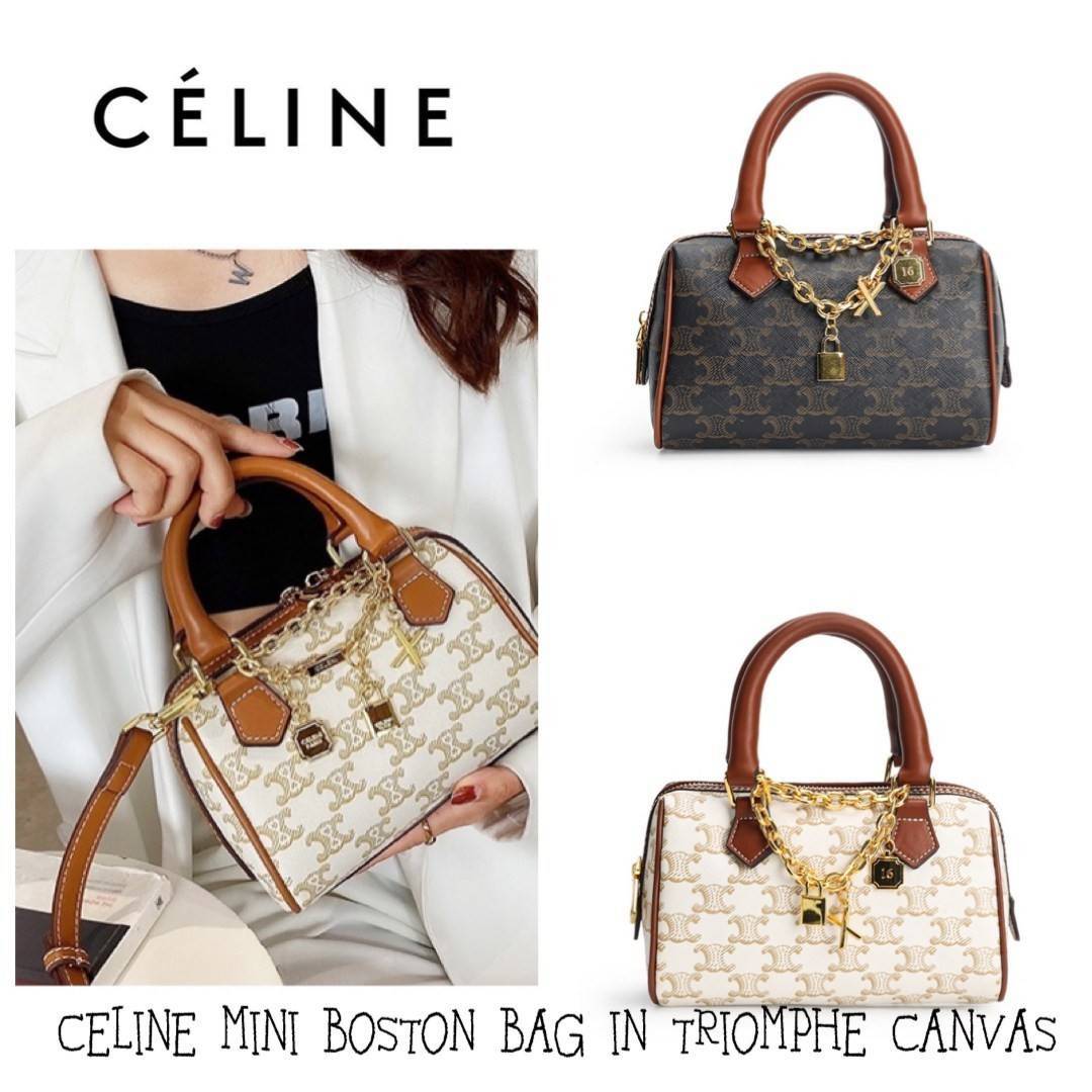 CELINE MINI BOSTON BAG IN TRIOMPHE CANVAS กระเป๋าทรงหมอนขนาดกะทัดรัด เป็นทรงฉิตตบอดกาลไม่มีเอ้าท์ ถือหรือสะพายได้อย่างคล่องตัว ภายในสามารถบรรจุสิ่งของที่จำเป็น สิ่งที่โดดเด่นของกระเป๋าหนังลาย Triomphe ที่ได้รับความนิยมอย่างแพร่หลาย มีอะไหล่ทองประดับเพิ่มม