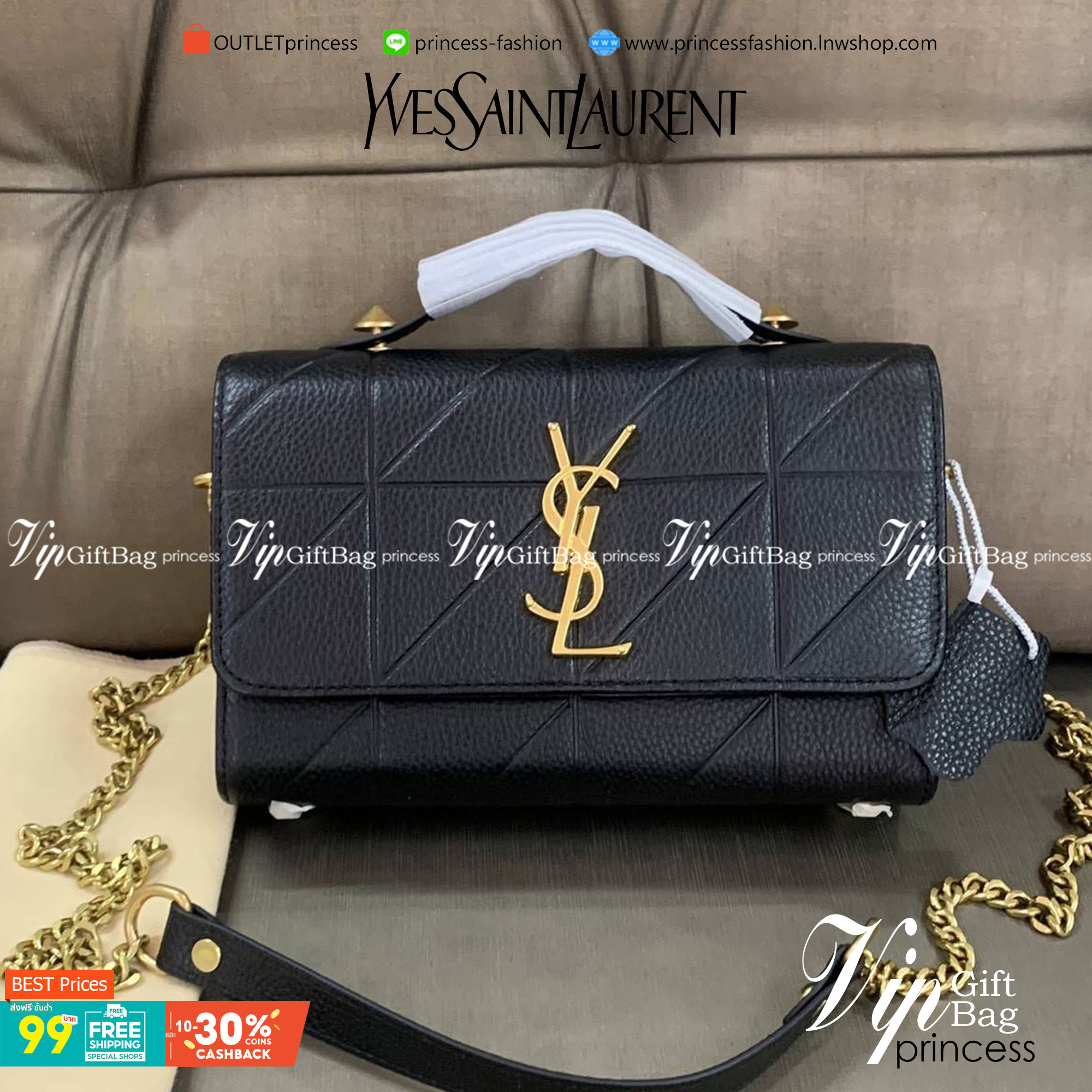 SAINT LAURENT YSL BAG VIP GIFT WITH PURCHASE (GWP) พรีเมี่ยมกิ้ฟ Limited Edition จาก YSL DUTY FREE COUNTER วัสดุหนังแกะหนังเคราะห์ ตกแต่งลวยลายตาราง ปักหมุดตรงหูหิ้ว ด้านหน้าประดับโลโก้แบรนด์YSL ขนาดกระทัดรัด หนังเงาสวย อะไหล่ทองทั้งใบ มาพร้อมสายสะพายยาวส