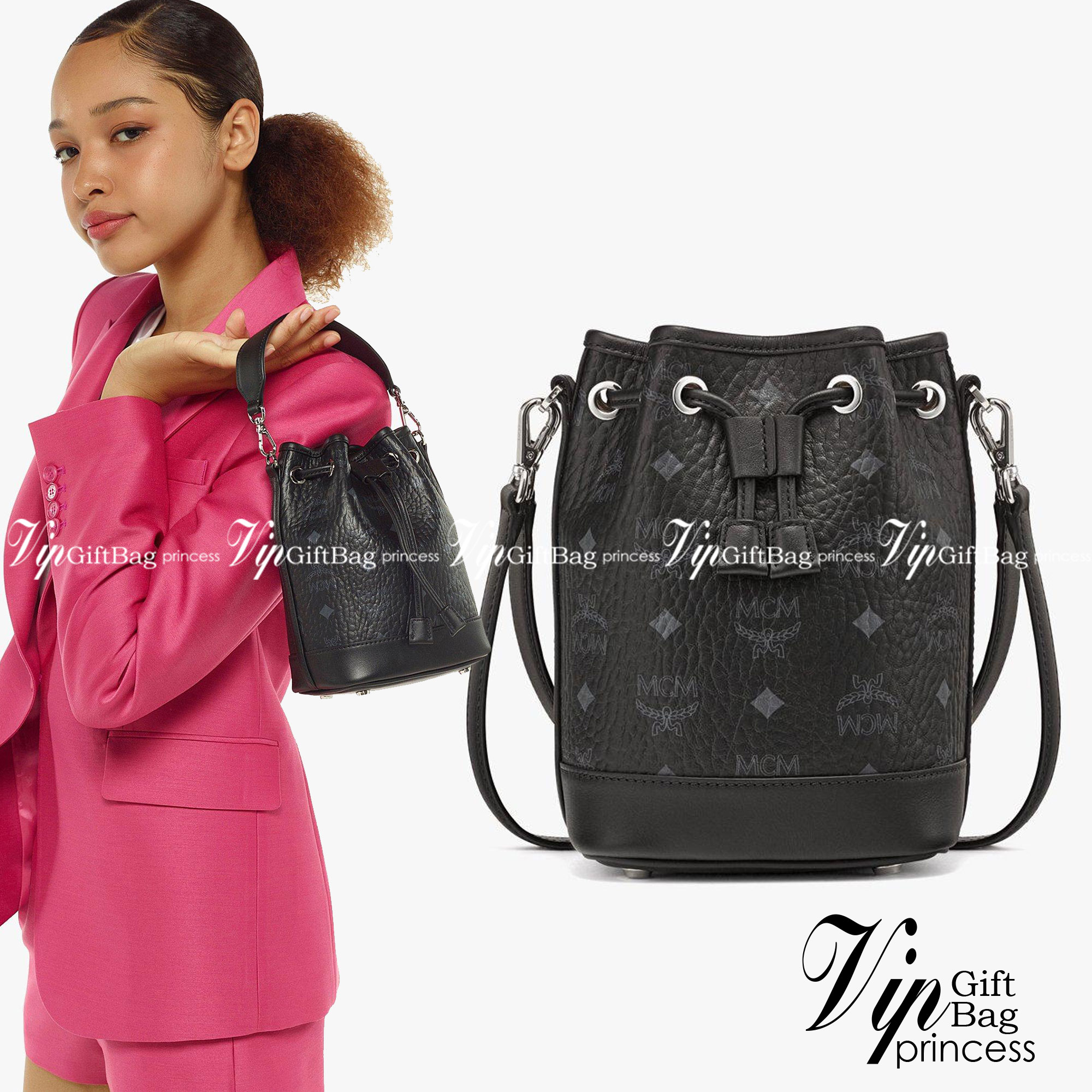 M.C.M MINI DESSAU DRAWSTRING BAG IN VISETOS กระเป๋าสะพายทรง bucket ไซส์ mini เกรดออริ สลับแท้ 1:1 ใช้งานต่างประเทศได้