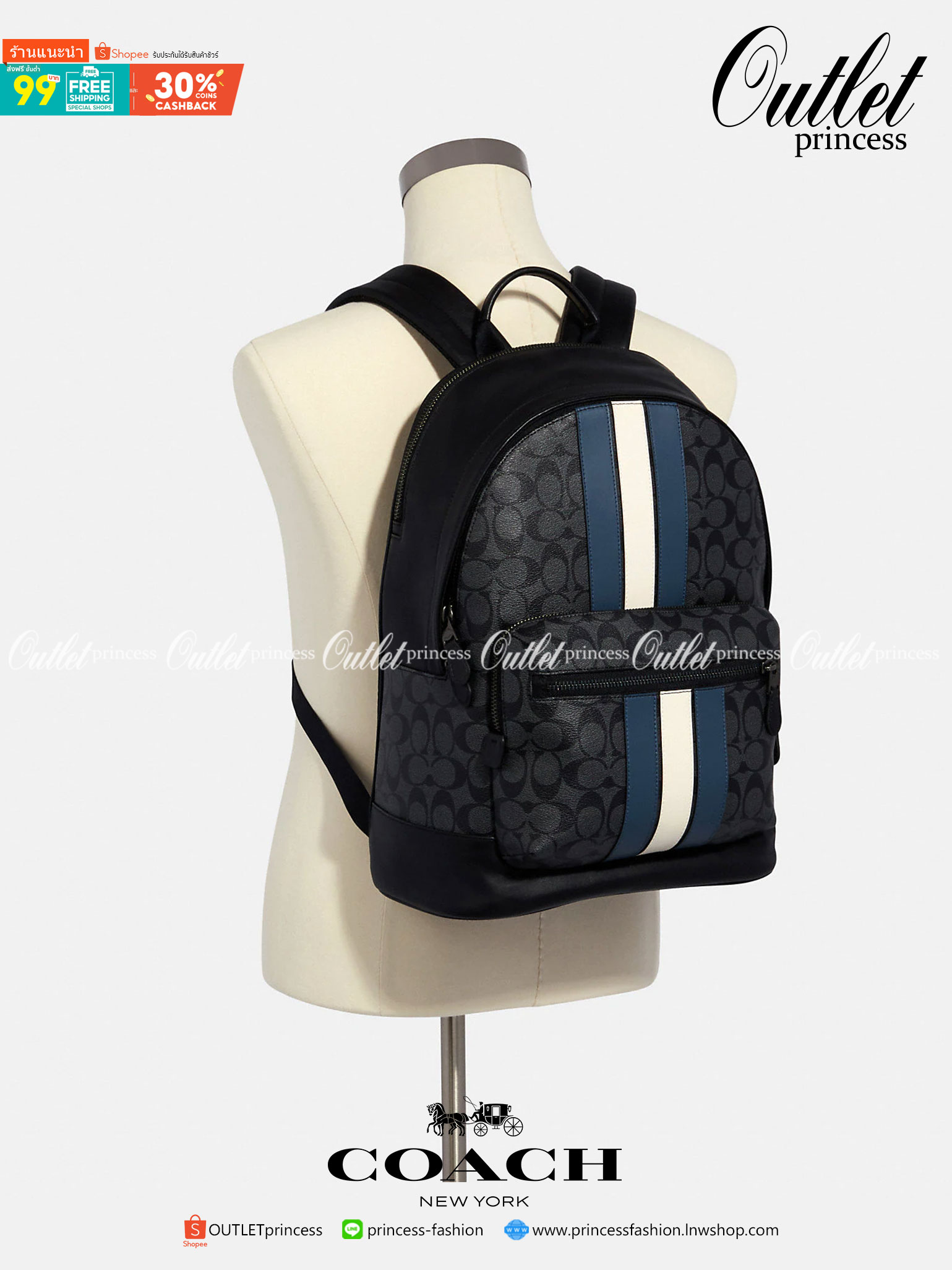 COACH WEST BACKPACK IN SIGNATURE CANVAS WITH VARSITY STRIPE (COACH 3001)😎กระเป๋าเป้ กระเป๋าสะพาย รุ่นหายาก ที่มีมาไม่บ่อย// วัสดุแคนวาส ผสมหนังแท้ หนังนิ่ม ทรงสวย จุของได้เยอะ ลาย SIGNATURE โดดเด่น ดูดีม๊าก!!// มีช่องหลัก แยกเป็น 2 ช่อง สามารถแยกเ