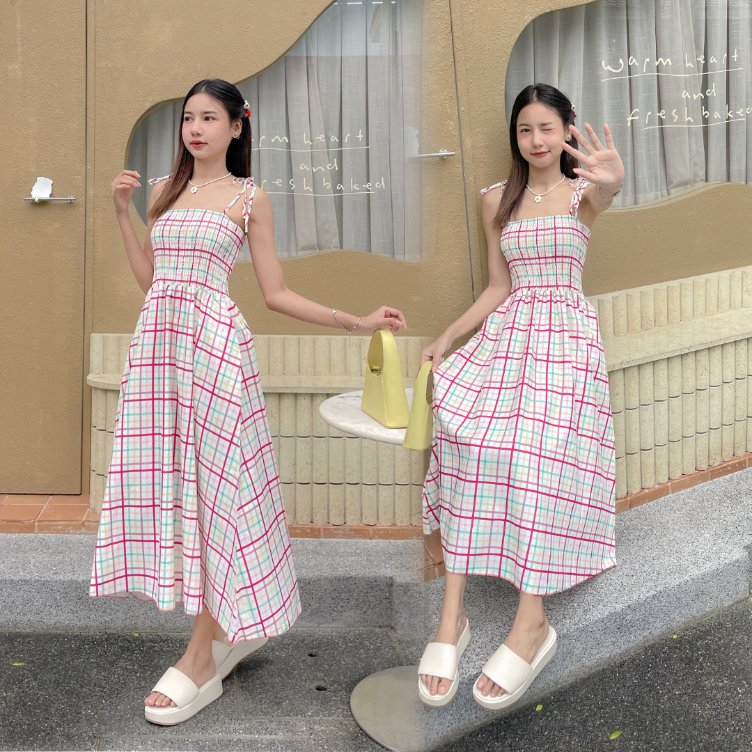 พร้อมส่ง 🥐🥯 Matsuri dress เดรสสายเดี่ยวผ้าพิมพ์ลายสก็อตสวย (IN38516)