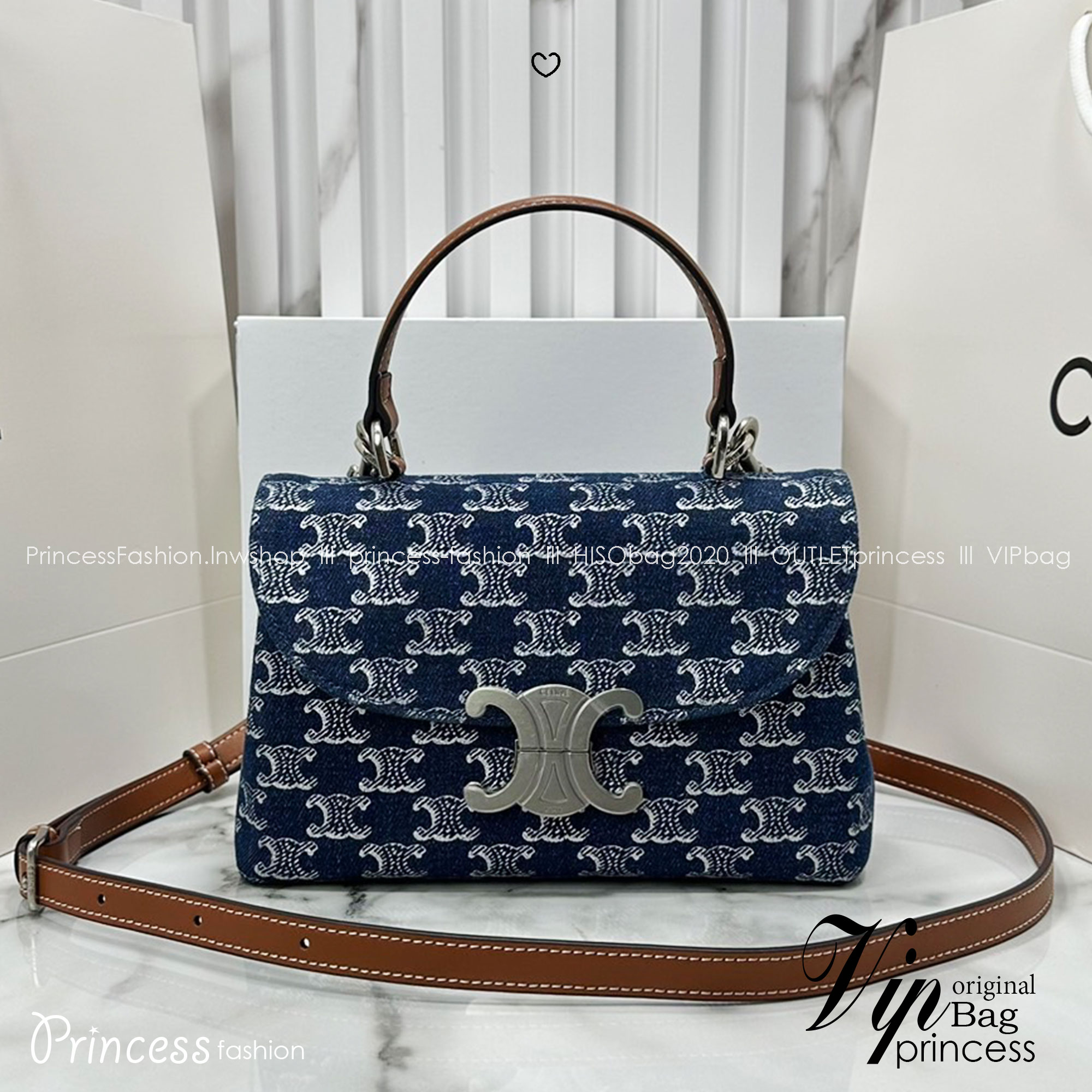CELINE HANDBAG CLAUDE in DENIM WITH TRIOMPHE ALL-OVER กระเป๋าถือพร้อมสายสะพายงานเดนิม เกรดออริ 1:1 ใช้งานต่างประเทศได้