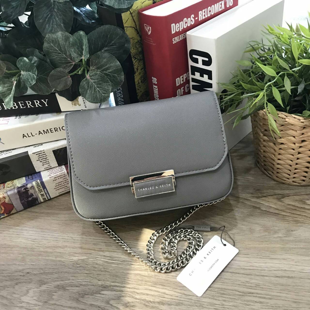 CHARLES & KEITH PUSH-LOCK CHAIN SLING BAG 2018 กระเป๋าสะพายวัสดุหนังคาเวียร์สวยอยู่ทรง ขนาดมินิกำลังดี น้ำหนักเบา เปิดปิดด้วยฝาปิดตัวล็อคปั๊มโลโก้ด้านหน้า ภายใน มีช่องซิป และช่องใส่บัตร มาพร้อมสายสะพายโซ่ยาวสามารถซ้อนสายสั้นสะพายไหล่ หรือสายยาว Crossbodyไ