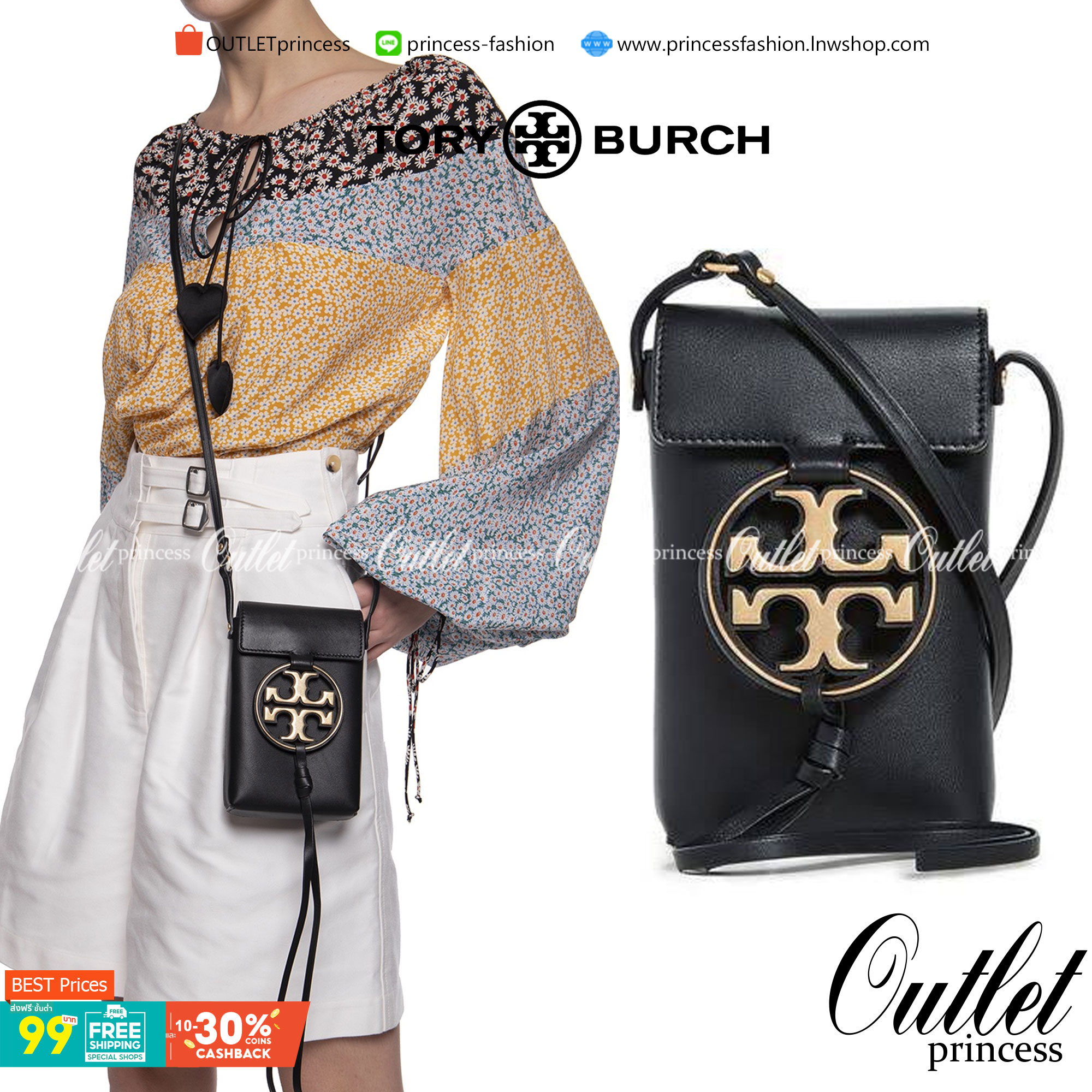 OUTLET 】TORY BURCH MILLER METAL PHONE CROSSBODY อีกหนึ่งกระเป๋าใส่มือถือรุ่นฮิตที่เชื่อว่าหลาย ๆ คนต้องเคยเห็นผ่าน ๆ ตามาอย่างแน่นอน กับแบรนด์ Tory Burch ดีไซน์กระเป๋าทรงฝาพับแม่เหล็กใช้งานง่าย มาพร้อมดีเทล Logo แบรนด์โดดเด่นสีทองตัดกับหนังแกะสีดำ ดูหรูดู