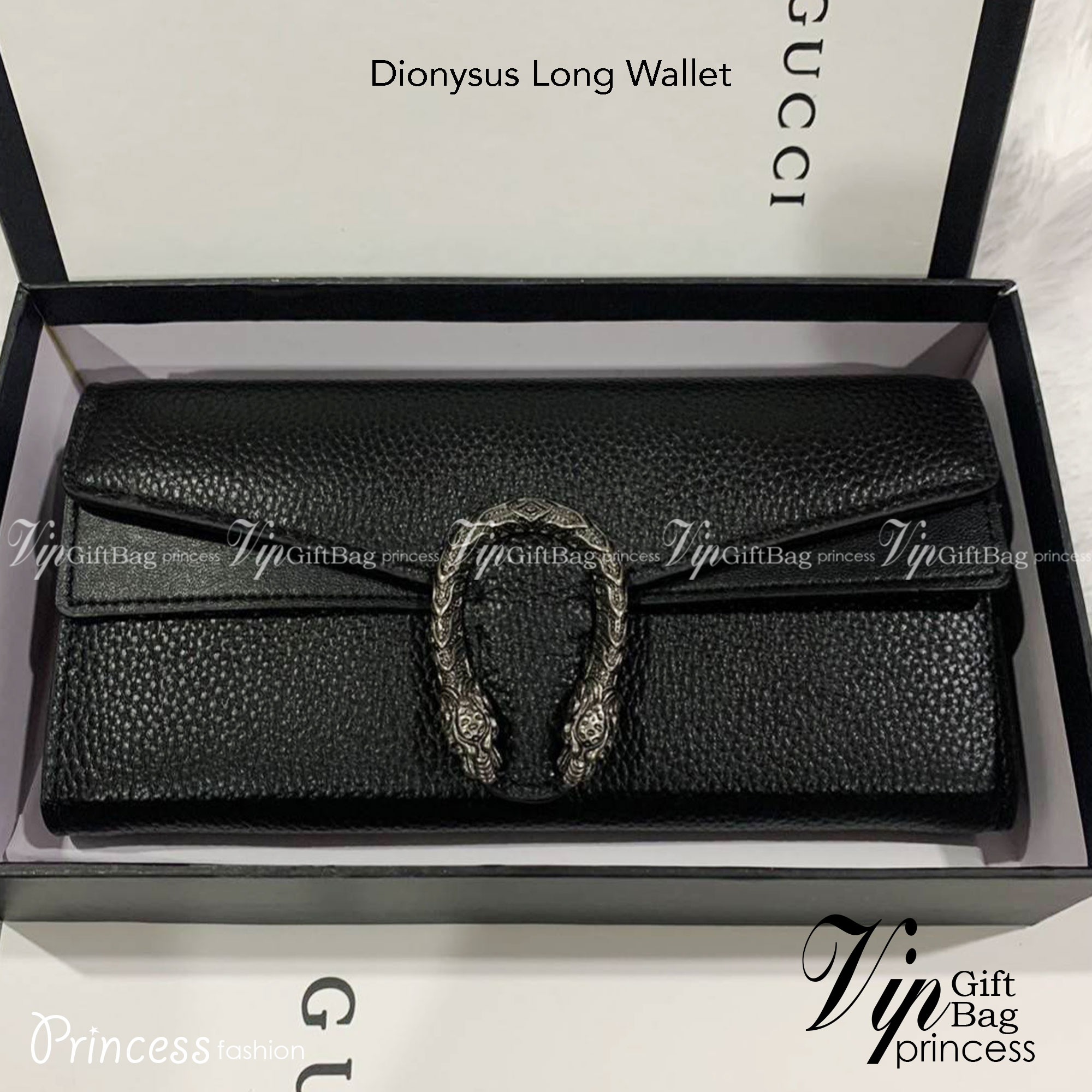 GUCCI Dionysus Long Wallet กระเป๋าสตางค์ใบยาว ดีไซน์อะไหล่สีรมควันทรงโค้งรูปหัวสิงโต วัสดุหนังแกะสังเคราะห์ หนังเงาสวยมาก