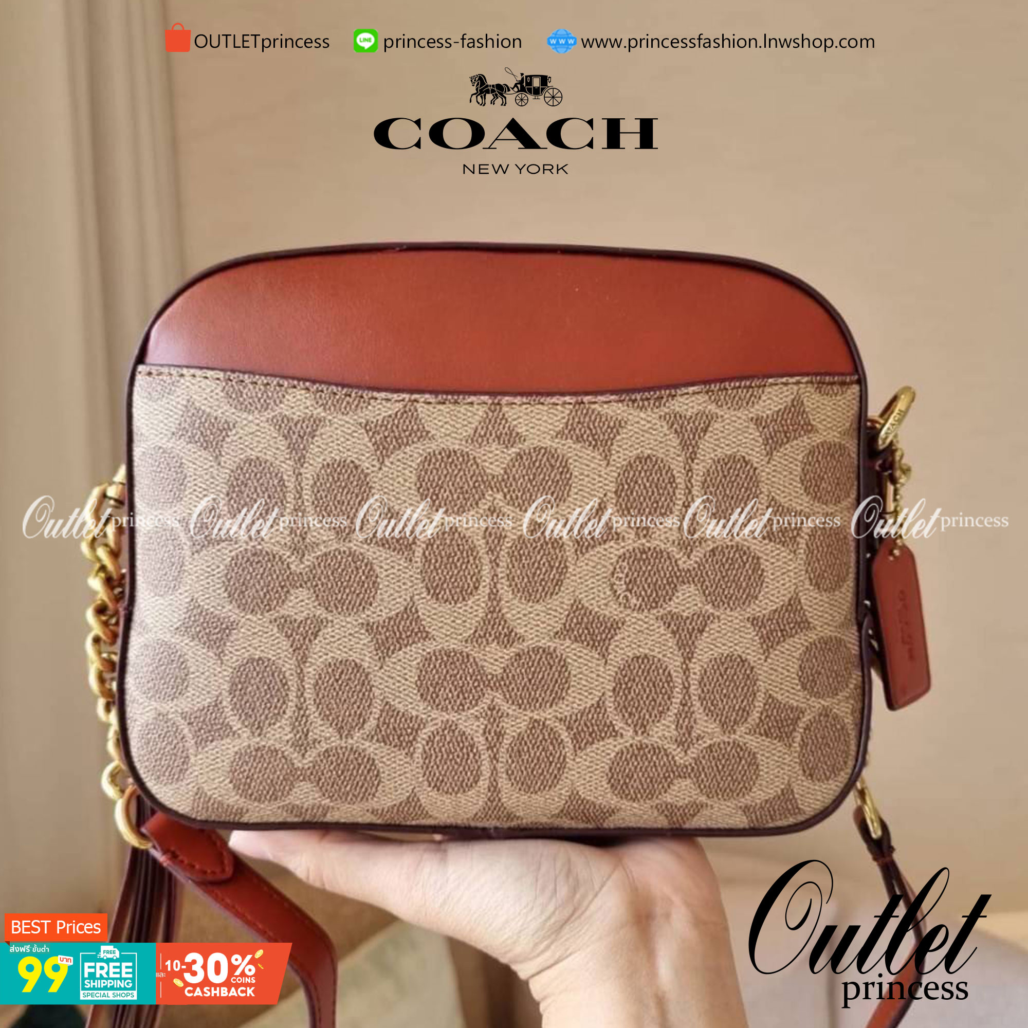 COACH 31208 CAMERA BAG IN SIGNATURE CANVAS รุ่นหายาก กระเป๋า crossbody ทรงกล่องสวยหรู ดีไซน์ลงตัว สีแทนรัสท์โดดเด่น วัสดุหนังแคนวาสเคลือบลาย ตัดด้วยอะไหล่ทองเหลือง สวยเข้ากันสุดๆ!! เปิด-ปิดกระเป๋าด้วยซิปพวงหนัง ภายในโล่งกว้าง ใส่ของสำคัญได้ครบ ใบนี้ใบเดีย