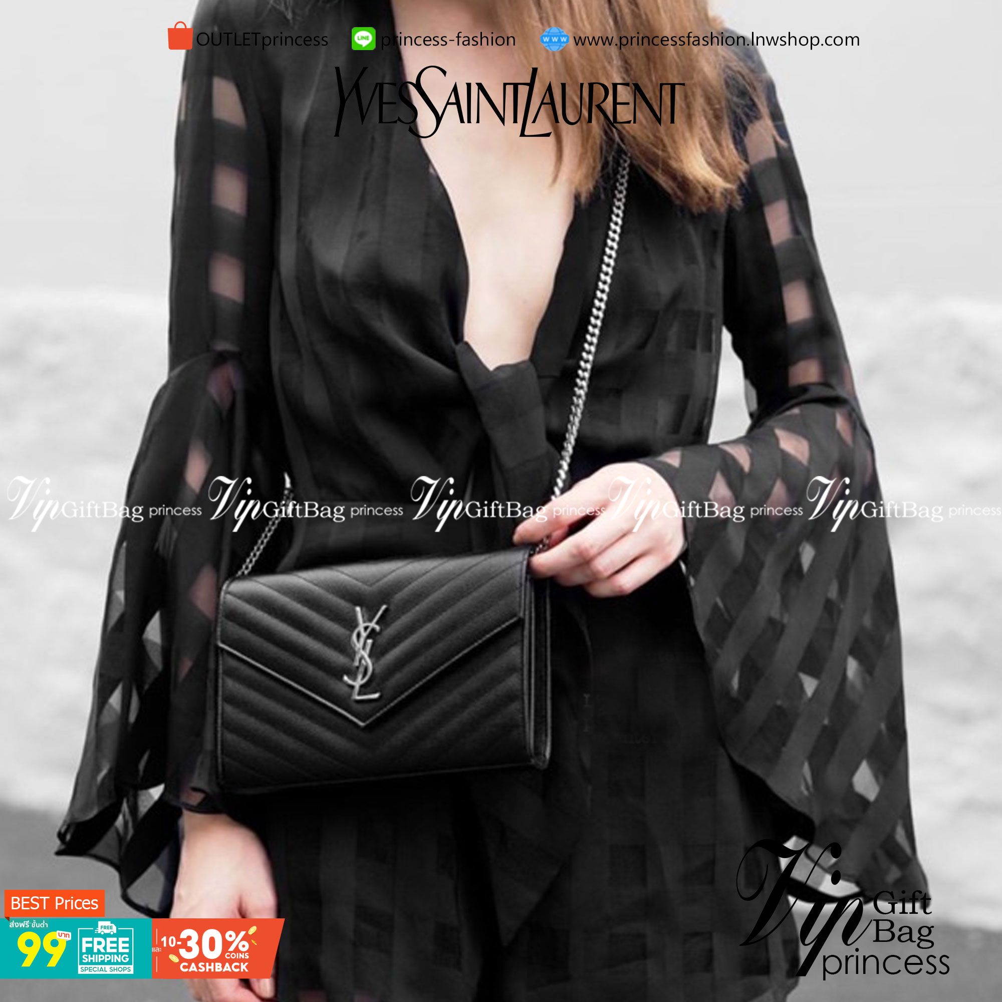 VIP GIFT 】หนังแท้ YSL WOC 9" Saint Laurent Chain Wallet Envelope Woc Monogram Black Leather Cross Body Bag กระเป๋าเงิน wallet on chain ที่มาพร้อมสายสะพายแบบโซ่ ขนาด 9” หนังวัวติดโลโก้ YSL มีทั้งอะไหล่เงิน ทอง และดำ ด้านในมีช่องซิป และช่องใส่การ์ด เรี