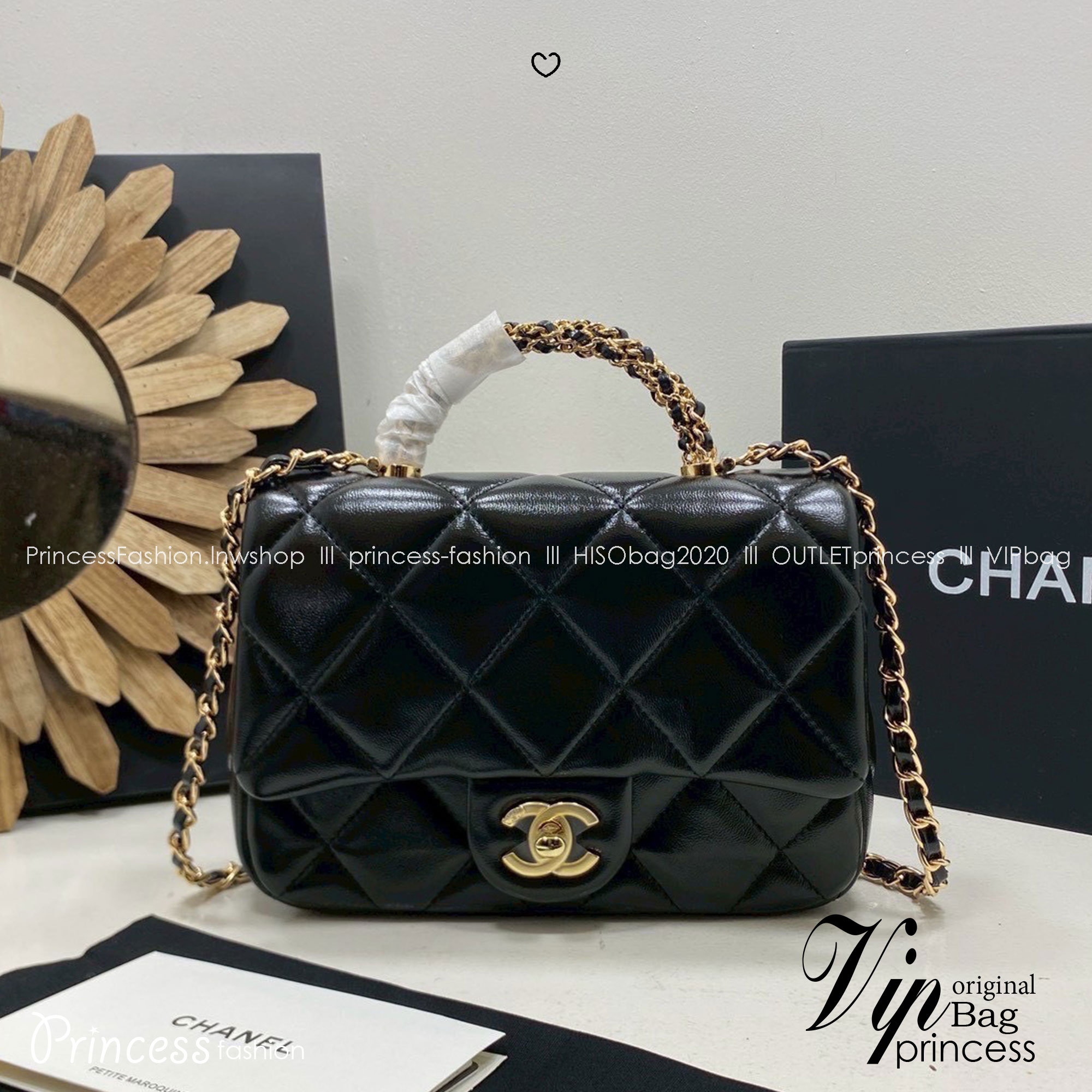 ORI หนังแท้ | Chanel Small Flap Bag with Top Handle 20cm กระเป๋าสะพายดีไซน์คลาสสิก หูจับแต่งโซ่สีทองหรูหรา เรียบหรูดูแพง