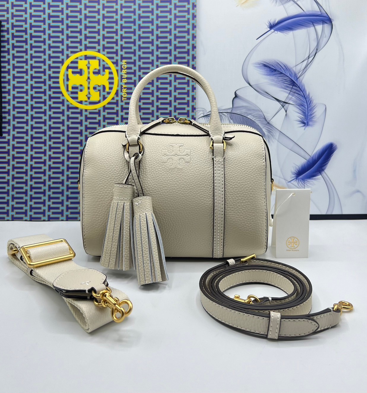 Tory Burch Thea Mini Web Satchel Crossbody Bag / Tory keepall พร้อมส่ง กระเป๋าสะพายทรงหมอนขนาดกลางกำลังน่ารัก เกรดท็อปออริจินอล
