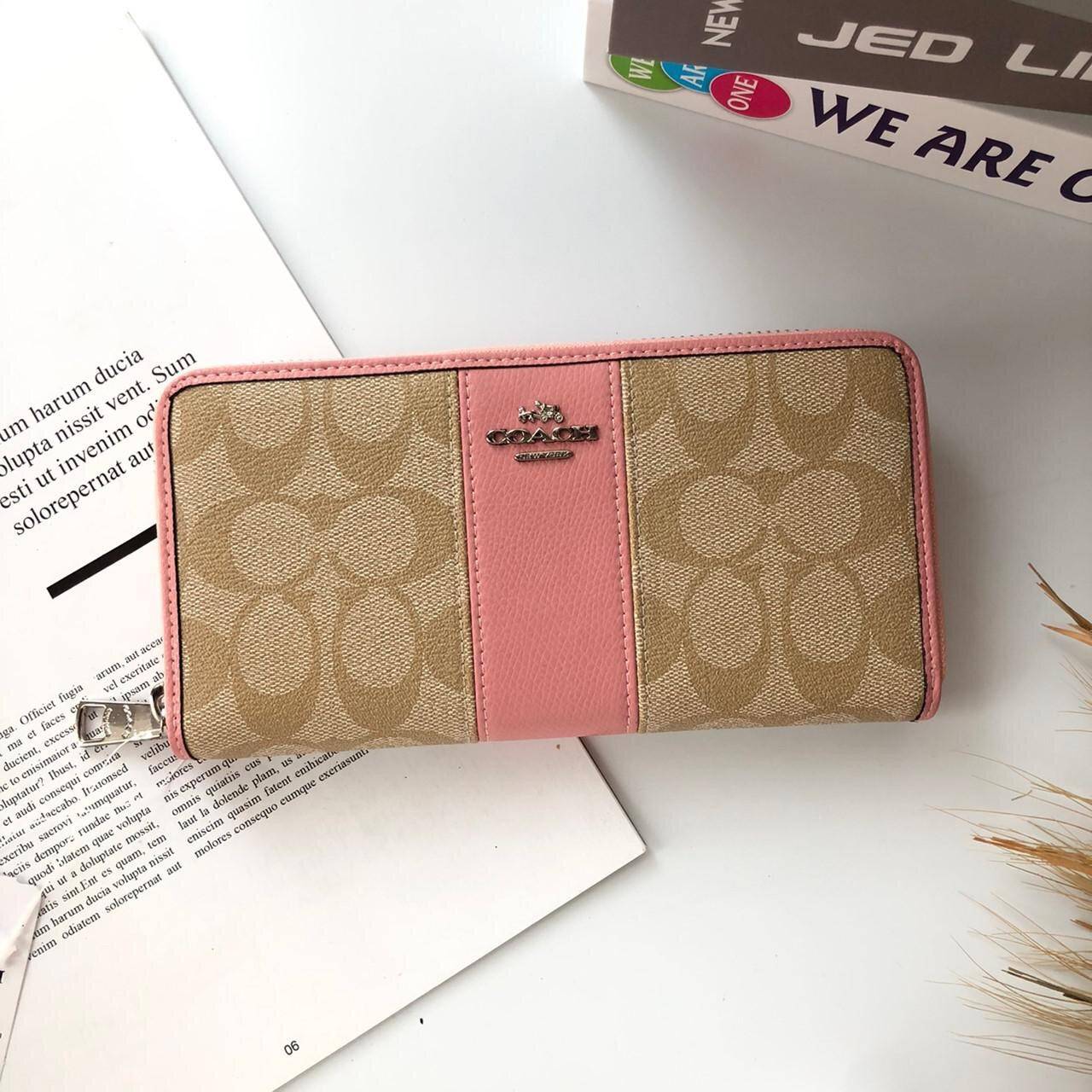 ของแท้ COACH Accordion Zip Wallet in Signature Coated Canvas with Leather กระเป๋าสตางค์ใบยาว เปิด-ปิดกระเป๋าด้วยซิปรอบ