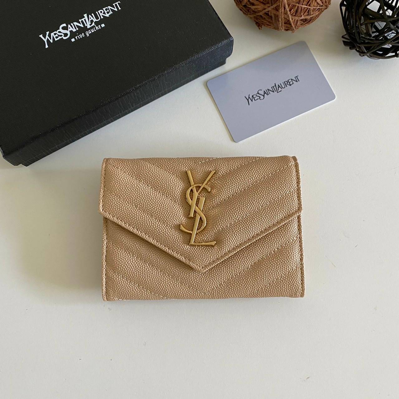 หนังแท้ 12cm YSL SAINT LAURENT GARD HOLDER Small Envelope Monogram Wallet