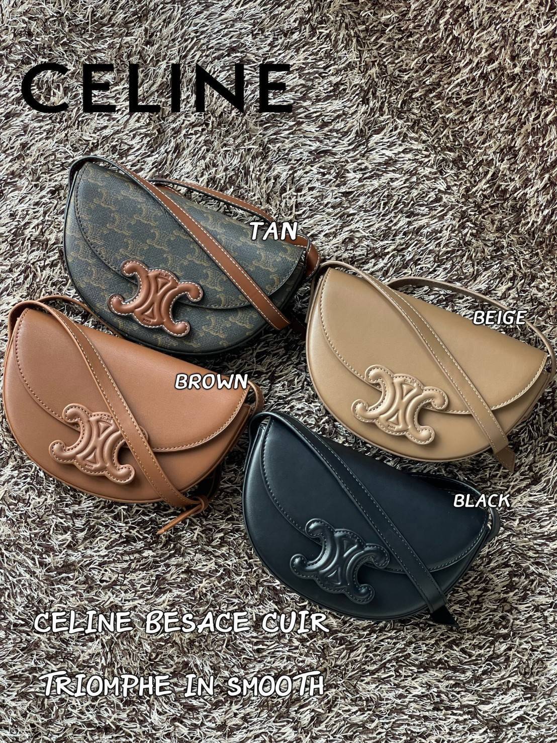 CELINE BESACE CUIR TRIOMPHE IN SMOOTH กระเป๋ารุ่นนี้นำเสนอในรูปทรงฮาล์ฟมูนที่ตอนนี้กำลังงมาแรง เปิดด้วยกระดุมแป๊กเพื่อเผยให้เห็นช่องภายในที่กว้างขวางและกระเป๋าด้านในแบบแบน คุณสมบัติที่โดดเด่นอีกอย่างของกระเป๋าอยู่ที่โลโก้ขนาดใหญ่ รูปทรงสะดุดตา สามารถสะพาย
