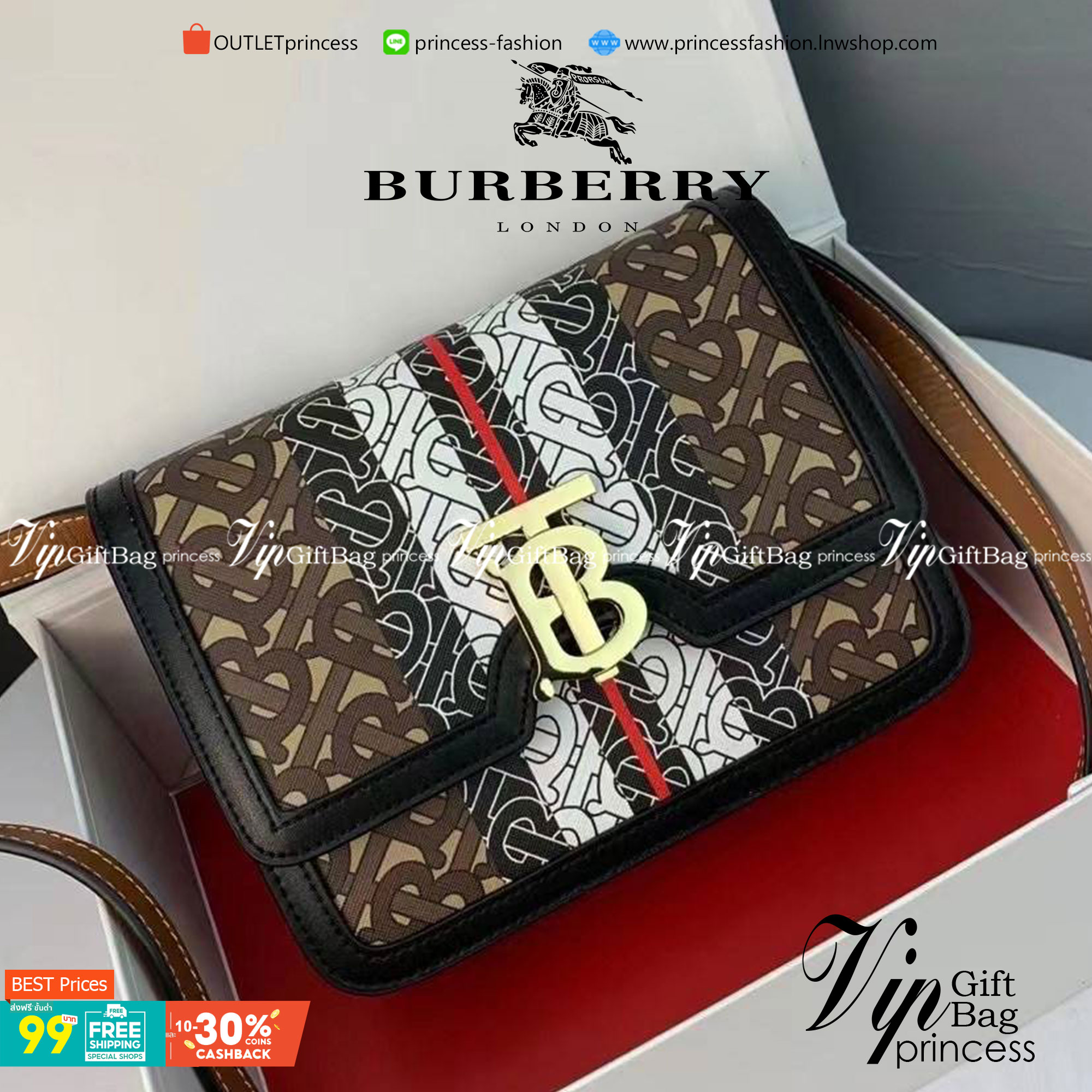 VIP หนังแท้ 】BURBERRY Brown TB-Print Canvas and Leather Crossbody Bag กระเป๋าสะพายวัสดุหนังแท้ ขึ้นลายแบรนด์โมโนเเกรมคอลเลคชั่นใหม่ทรงเหลี่ยมสวยหรูดูดี เปิดปิดด้วยฝาปิดสัญลักษณ์รูปตัวB ภายในมีช่องแบ่งเป็นสัดส่วนสามารถใส่มือถือ iphone เงิน ของจุกจิกได้ หัว