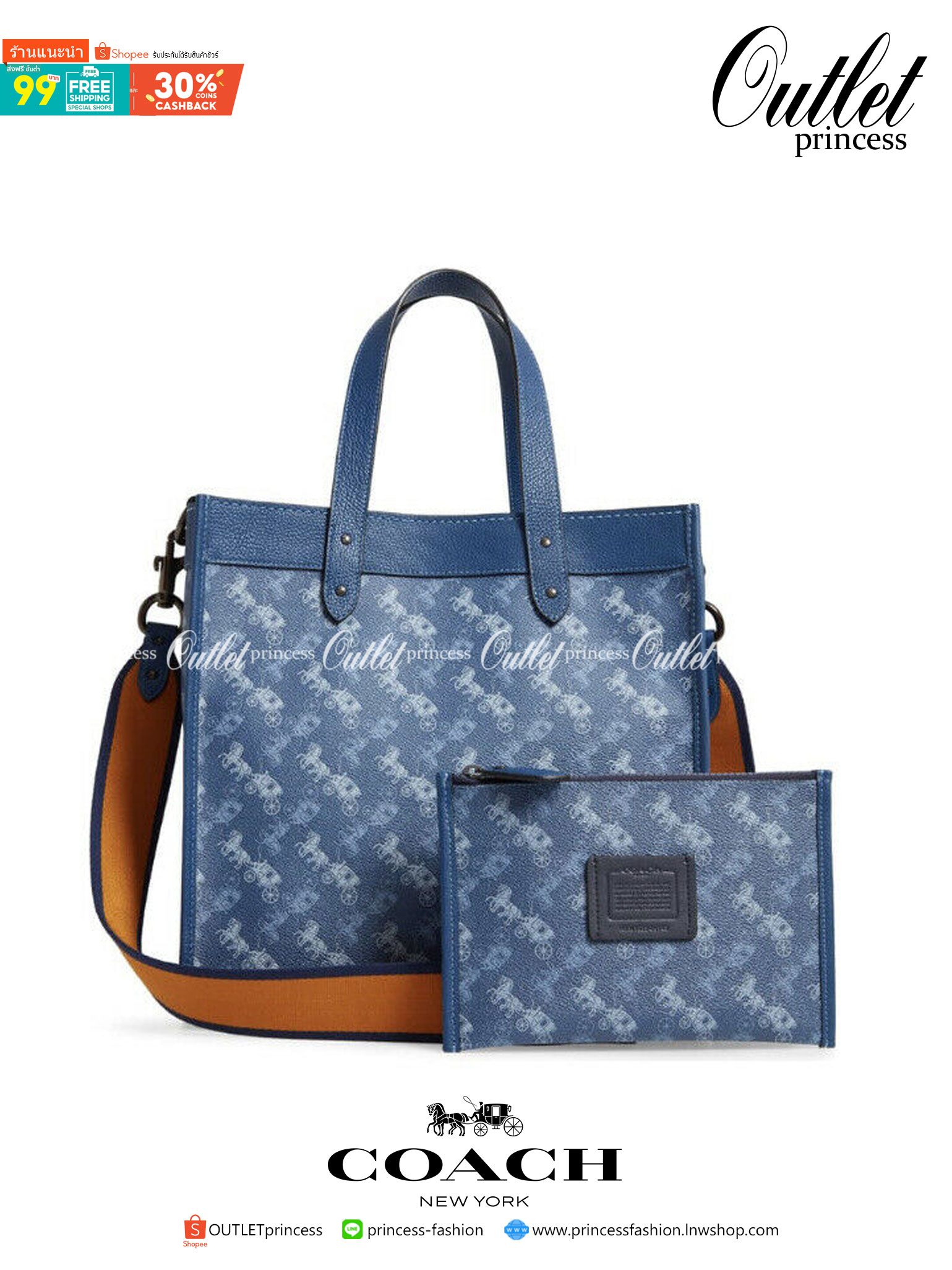 OUTLET 】Coach Field Tote With Horse And Carriage Print พร้อมส่งที่ไทย 89143 Blue True Blue Field Tote