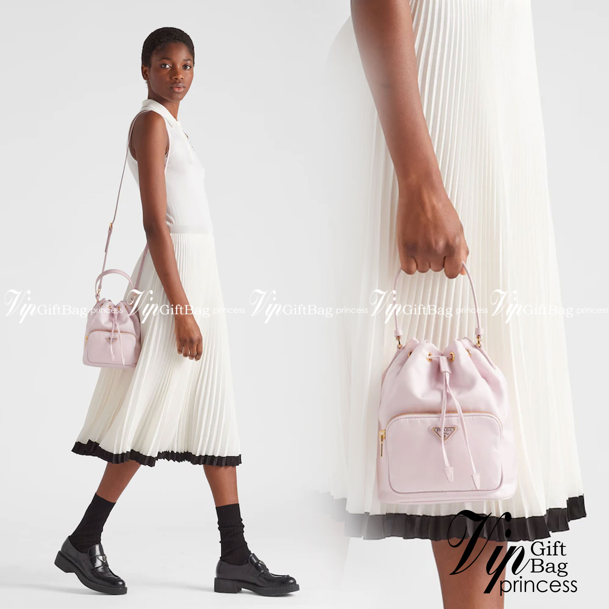 Prada Duet Re-Nylon Bucket shoulder bag / Prada Nylon bucket bag Pastel เกรดใช้สลับใบจริง ออริจินอล ใช้งานต่างประเทศได้ น้องสาวสุดสวยมาให้จับจองอีกหนึ่ง สีพาสเทลน่ารักละมุนมากๆ ค่ะ กระเป๋าสะพายข้าง ทรงขนมจีบ ไซส์มินิ ขนาดน่ารักน่าใช้มาก วัสดุขอบหนังแท้ แล