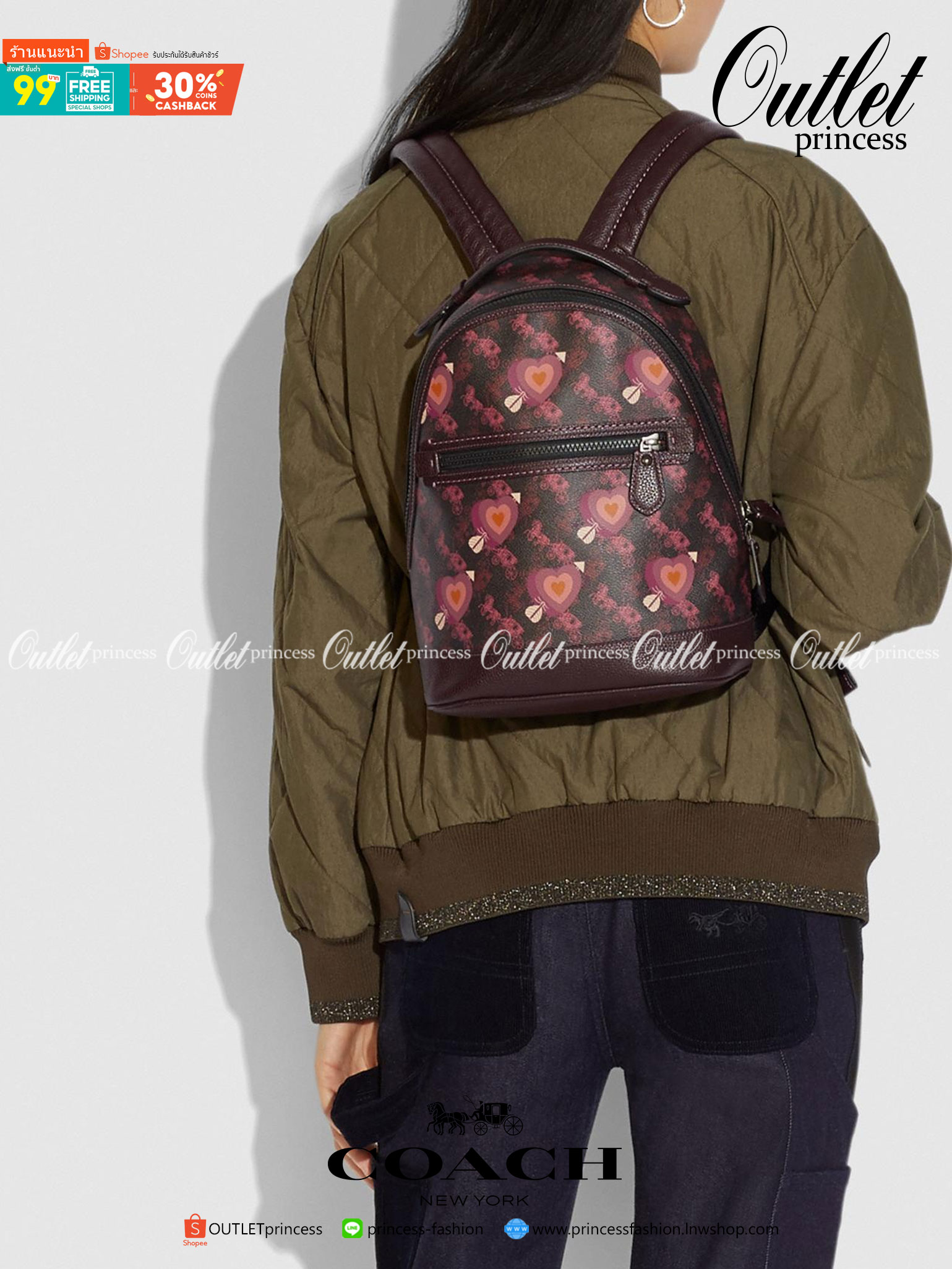 OUTLET 】COACH Barrow Backpack With Horse And Carriage Print And Hearts Oxblood (F79024) โดดเด่น ไม่จำเจ แถมใช้ดีไปอีก< 🌹สวยโดดเด่นอย่างลงตัว💃💃พลาดแล้ว พลาดเลยจ้ารอบนี้ // เป้รุ่นใหม่ canvas ผสมหนังแท้คุณภาพดี หนังนิ่มมือมากๆ ขนา