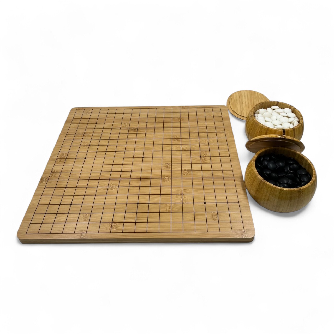 ชุดกระดานหมากล้อมไม้ขอบมนหนา2ซม.กระดาน19x19และ13x13เส้นพร้อมโถไม้Torreyaและเม็ดหมากพลาสติกเมลามีนนูนสองด้าน