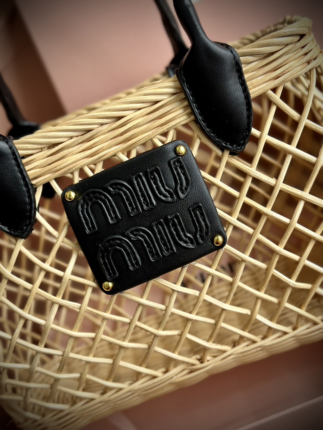 Miu Miu Woven fabric handbag with leather trim กระเป๋าสานดีไซส์ย้อนยุค