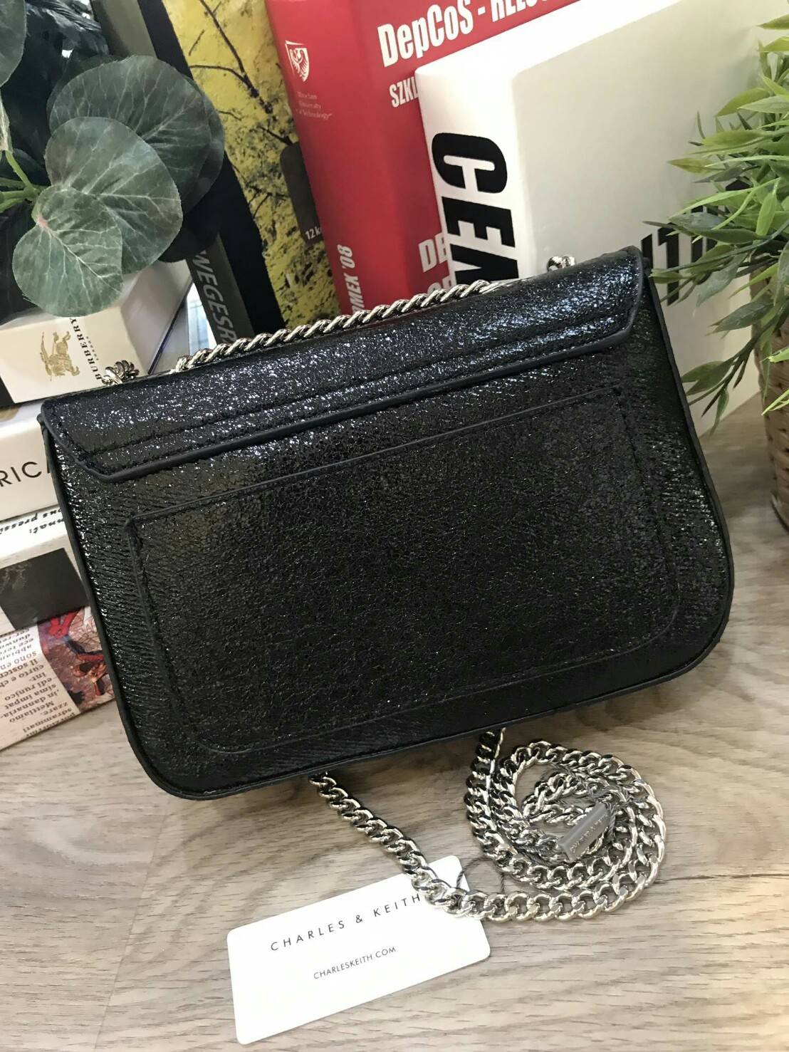 CHARLES & KEITH PUSH-LOCK CHAIN SLING BAG 2018 กระเป๋าสะพายวัสดุหนังคาเวียร์สวยอยู่ทรง ขนาดมินิกำลังดี น้ำหนักเบา เปิดปิดด้วยฝาปิดตัวล็อคปั๊มโลโก้ด้านหน้า ภายใน มีช่องซิป และช่องใส่บัตร มาพร้อมสายสะพายโซ่ยาวสามารถซ้อนสายสั้นสะพายไหล่ หรือสายยาว Crossbodyไ