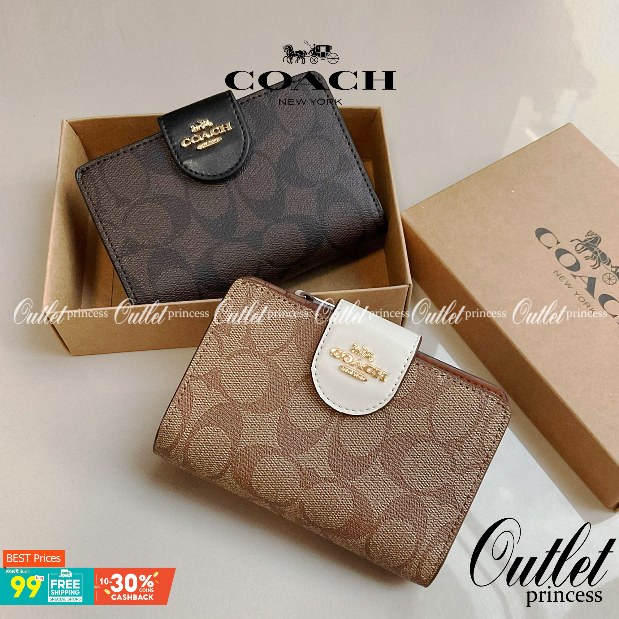 COACH SMALL WALLET IN SIGNATURE CANVAS กระเป๋าสตางค์ใบกลาง แบบพับสองตอน หน้าจดหมาย เปิดปิดด้วยกระดุมปั้มแบรนด์ ด้านในมีช่องใส่บัตรหลายช่อง พร้อมช่องใส่รูป และช่องใส่ธนบัตร ด้านหลังมีช่องซิปเหรียญอีกหนึ่งช่อง น้ำหนักเบา พกพาสะดวก อะไหล่ทองสุดหรู ห้ามพลาดค่