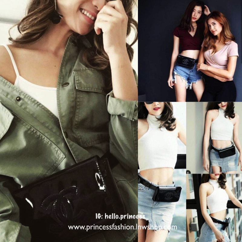 New Chanel Waist Bag Gift With Purchase (GWP) กระเป๋าสะพายคาดเอวหรือคาดอกพรีเมี่ยมกิ้ฟของแท้จาก Chanel Perfume Counter รุ่น Limited Edition วัสดุหนังเเก้วเรียบสวยอยู่ทรงลายมีโลโก้ด้านหน้า เปิดปิดด้วยฝาปิดกระดุมแม่เหล็ก ภายในโล่ง ซับในลายเเบรนด์ ใส่มือถือไ